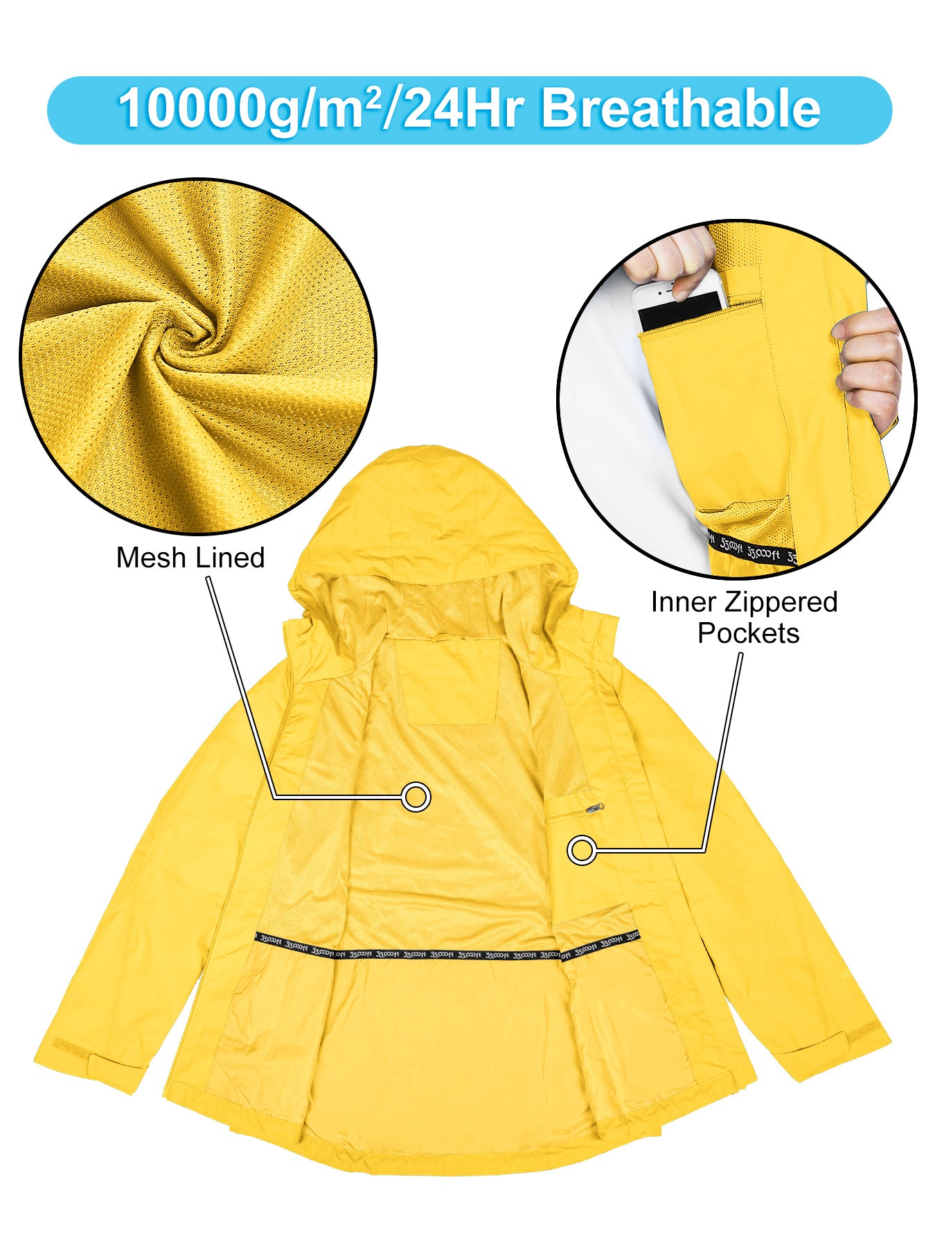 Women's Packable Rain Jacket with 4 Pockets: 1.10 lbs 10000mm W/P index 10000 Level Breathable