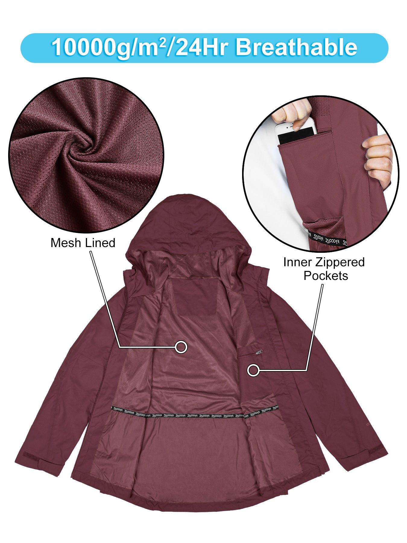 Women's Packable Rain Jacket with 4 Pockets: 1.10 lbs 10000mm W/P index 10000 Level Breathable