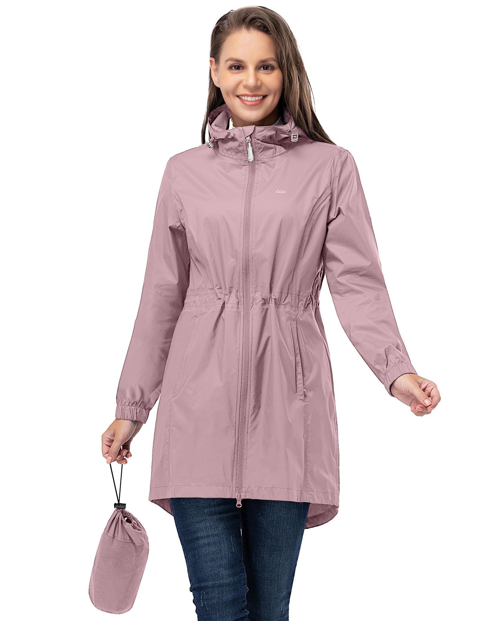 33,000ft Women's Long Rain Jackets with Hood Packable Waterproof Trench Coats Windbreaker