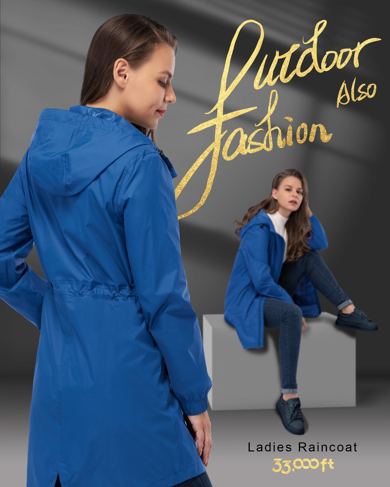 33,000ft Women's Long Rain Jackets with Hood Packable Waterproof Trench Coats Windbreaker