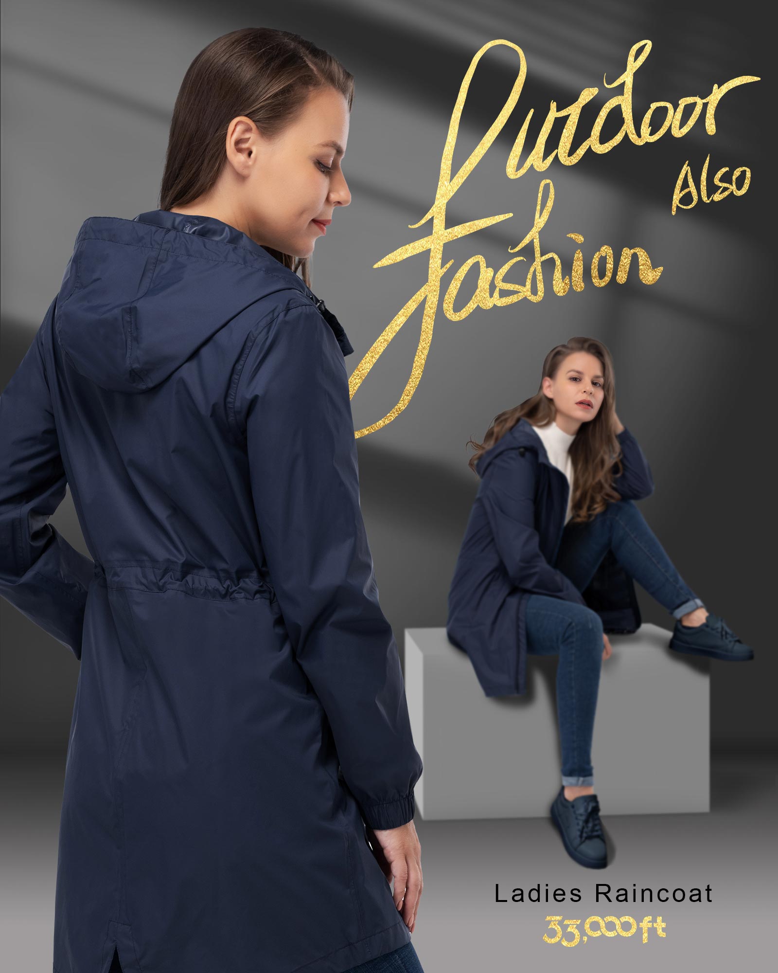 33,000ft Women's Long Rain Jackets with Hood Packable Waterproof Trench Coats Windbreaker
