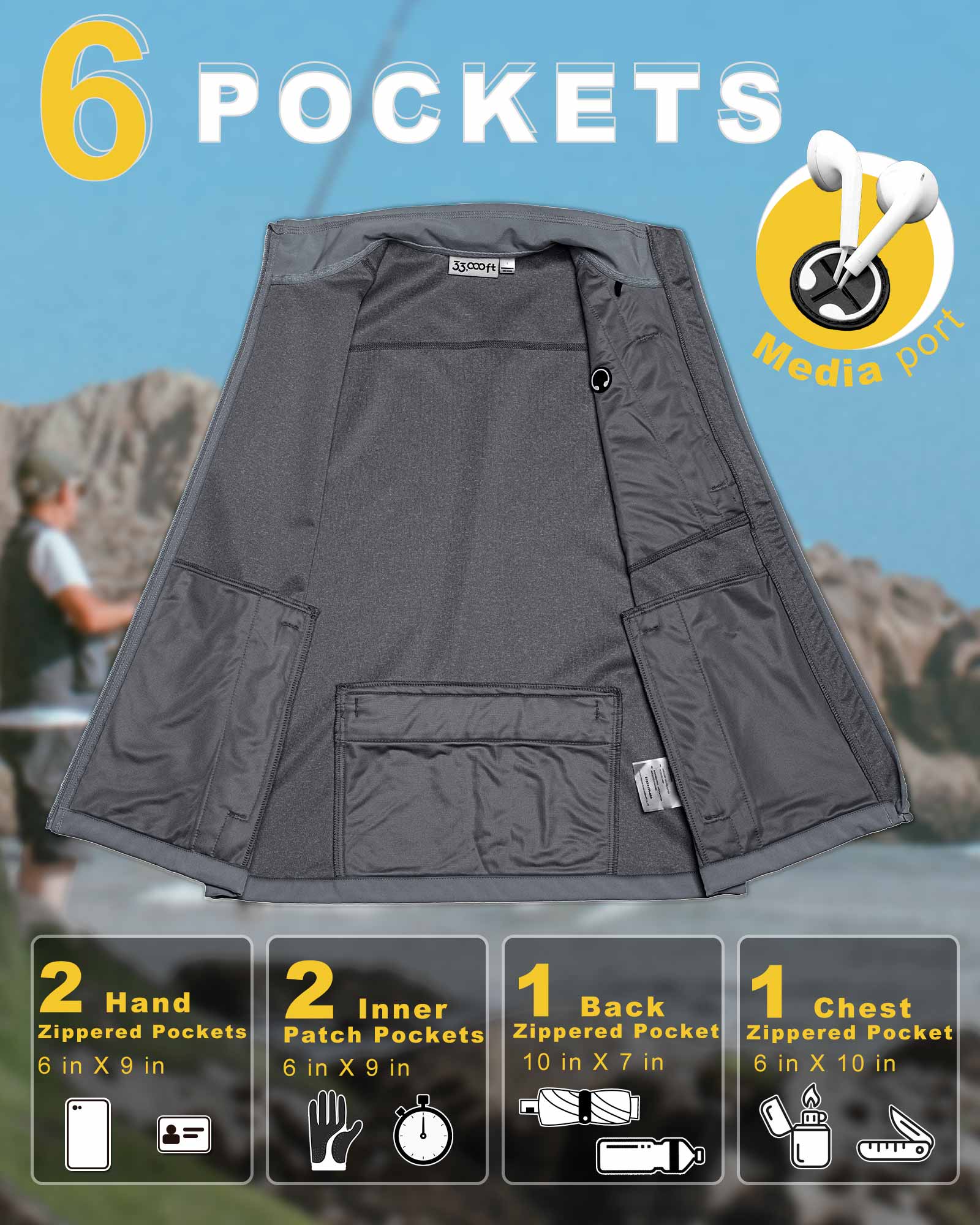 0.88lbs 10000mm Waterproof 10000 Level Breathable Men's Windproof Vest Outerwear with 6 Pockets Reoflective Design