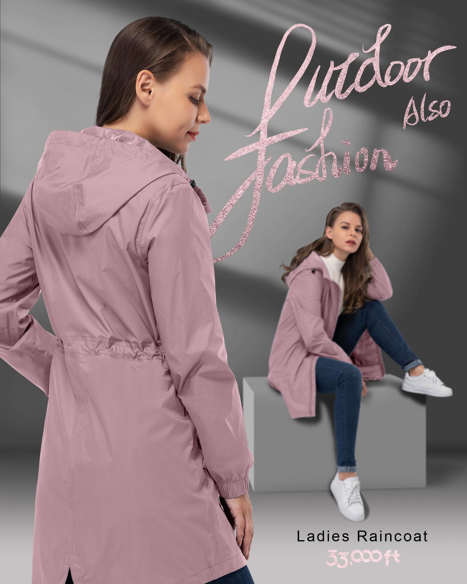 33,000ft Women's Long Rain Jackets with Hood Packable Waterproof Trench Coats Windbreaker