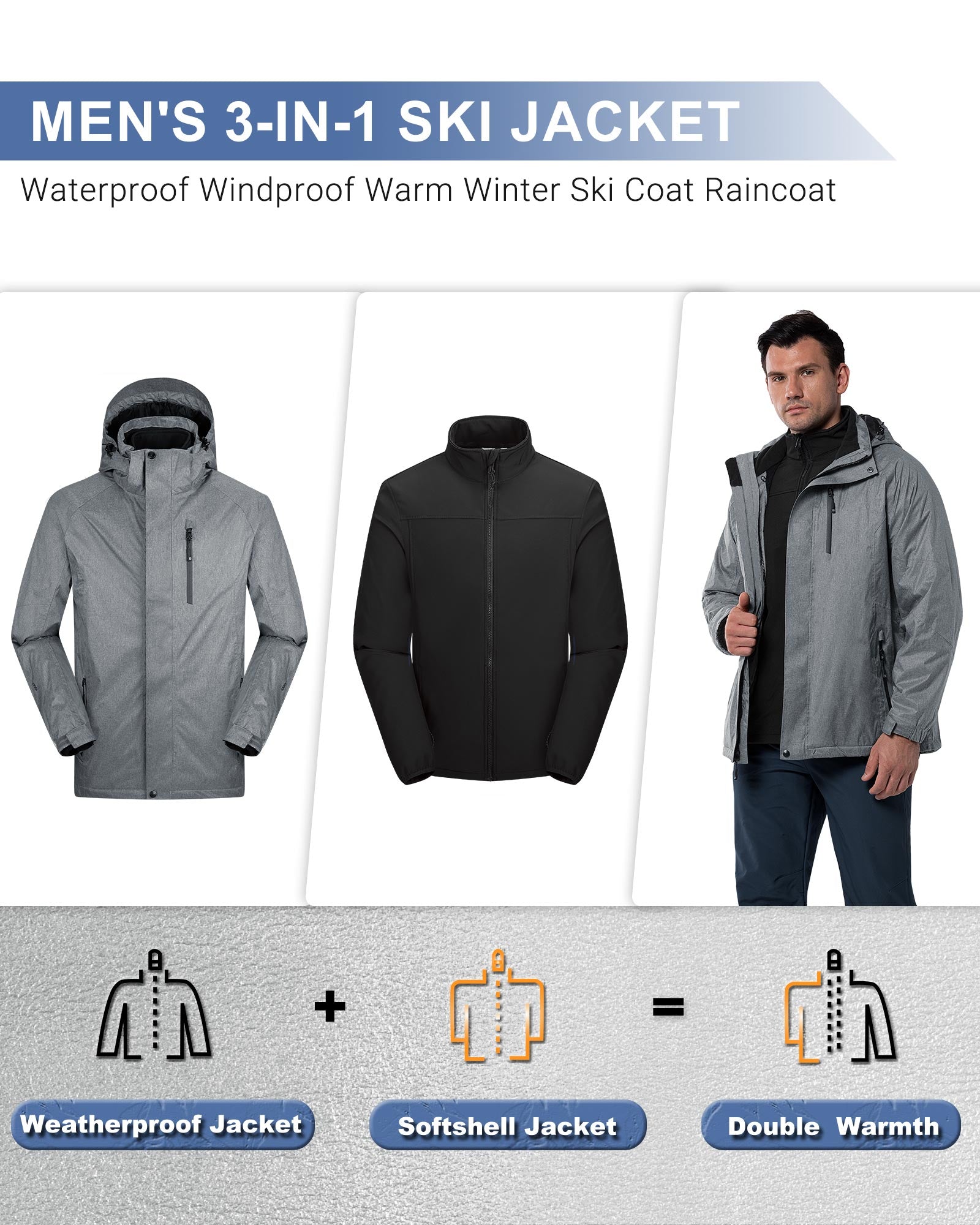 10000mm W/P Index 5000 Level Breathable Men's 3-in-1 Ski Winter Jacket with Fleece Lined Softshell and 10 zipper pockets