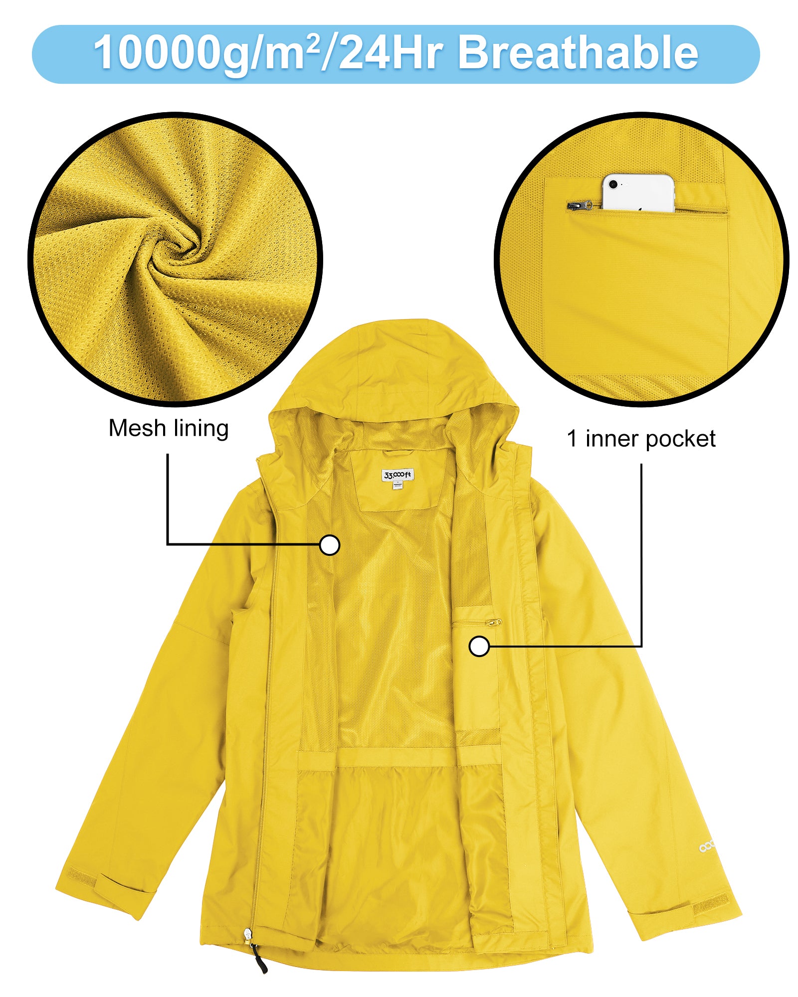 1.39 lbs 10000mm W/P Index 10000 Level Breathable Men's Packable Rain Jacket with 4 Multi Pockets
