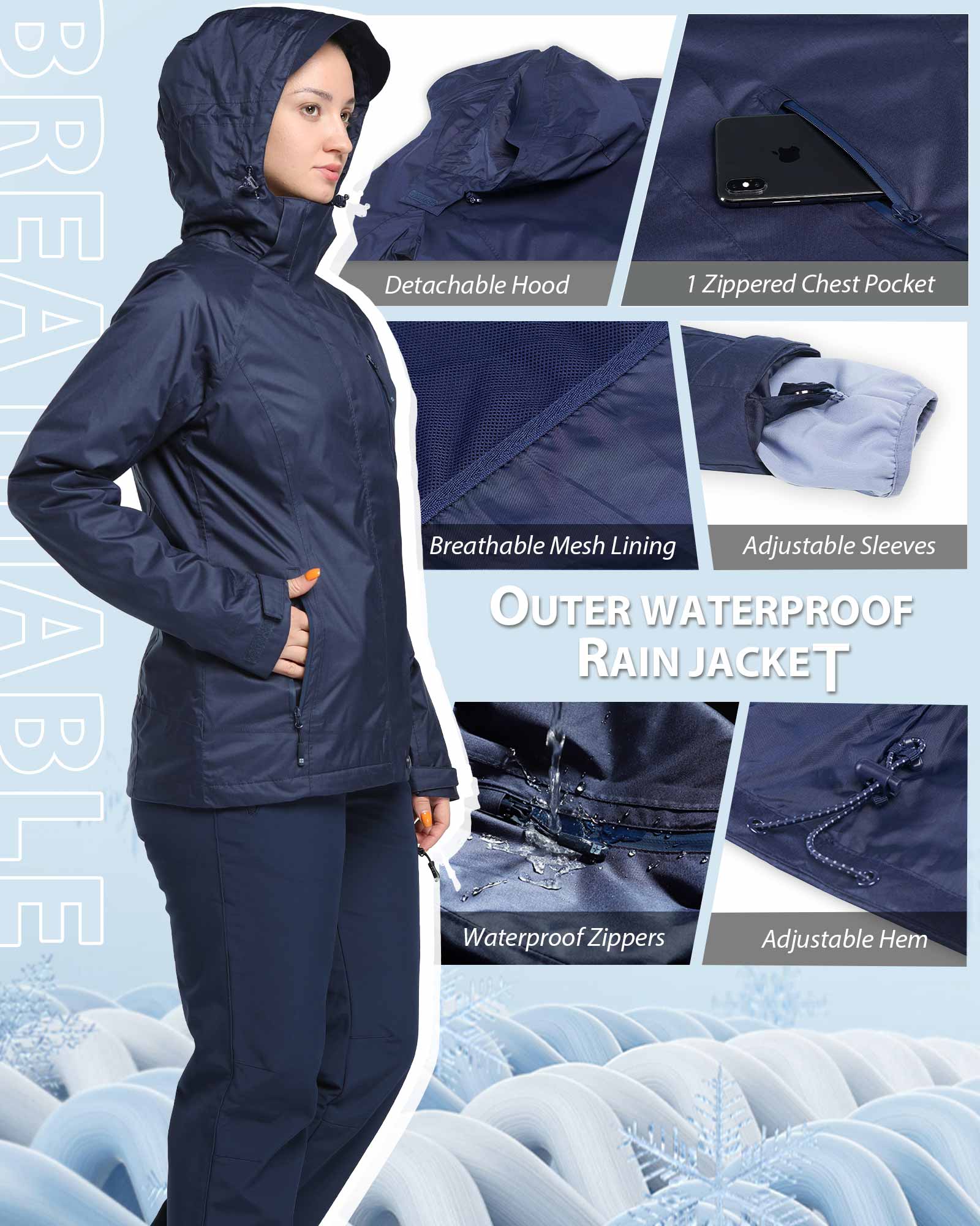 Women’s 3 in 1 Hooded Waterproof Coat Winter Ski Hiking Rain Jacket Softshell Fleece Lined Raincoat Windbreaker