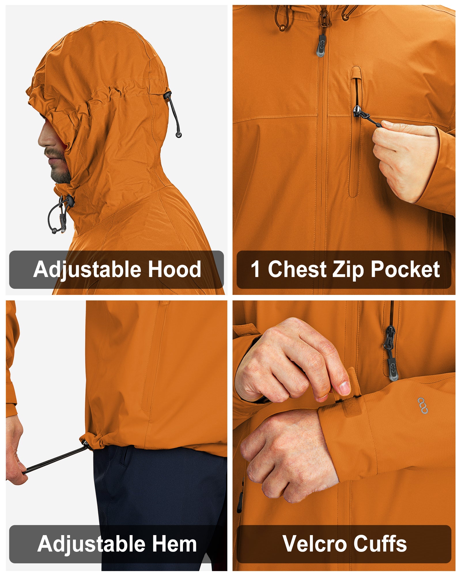 1.39 lbs 10000mm W/P Index 10000 Level Breathable Men's Packable Rain Jacket with 4 Multi Pockets