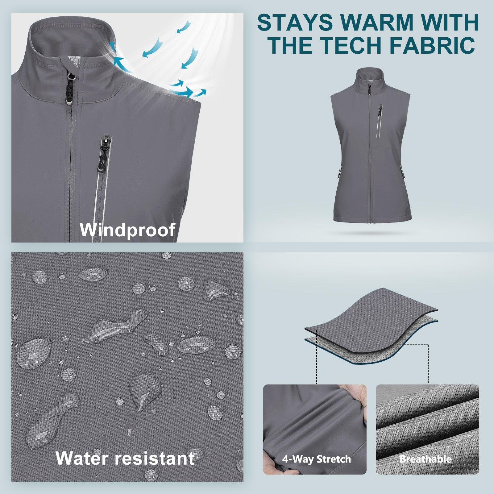 Women's Windproof Vest Outerwear with 6 Pockets/Reoflective Design: 0.77lbs/10000mm Waterproof/10000 Level Breathable 33,000ft
