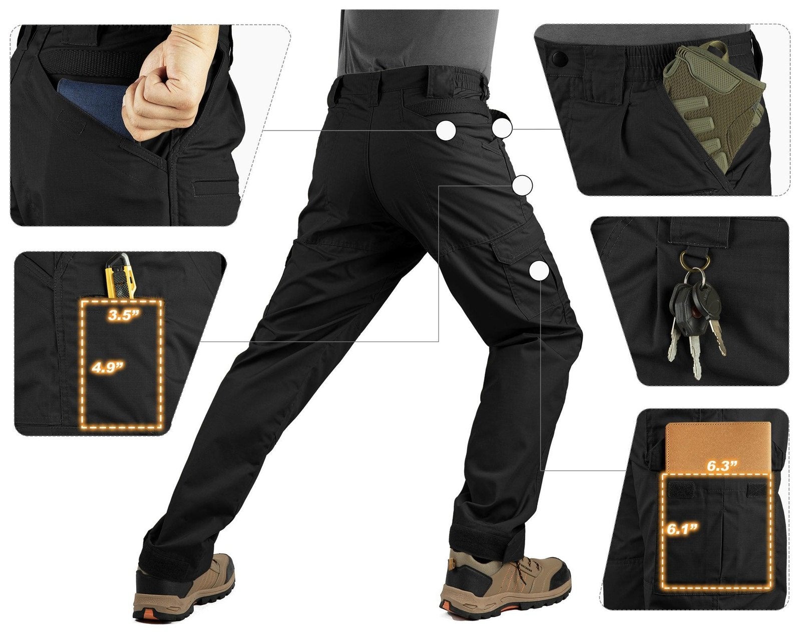 Men's Tactical Pants, Water-Resistant Ripstop Cargo Pants, Lightweight Hiking Work Pants, Outdoor Apparel Black 33,000ft
