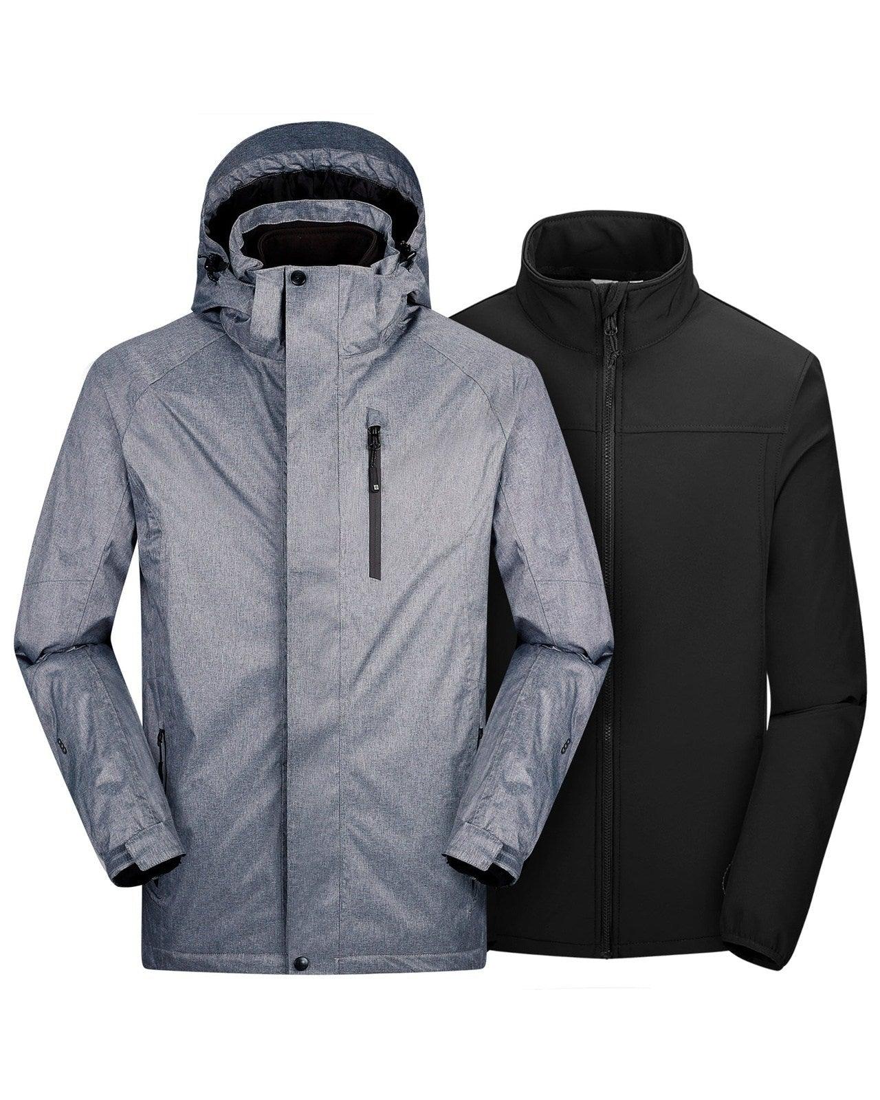 10000 mmH2O Index/5000 Level Breathable Men's 3-in-1 Ski Winter Jacket with Fleece Lined Softshell and 10 zipper pockets 33,000ft