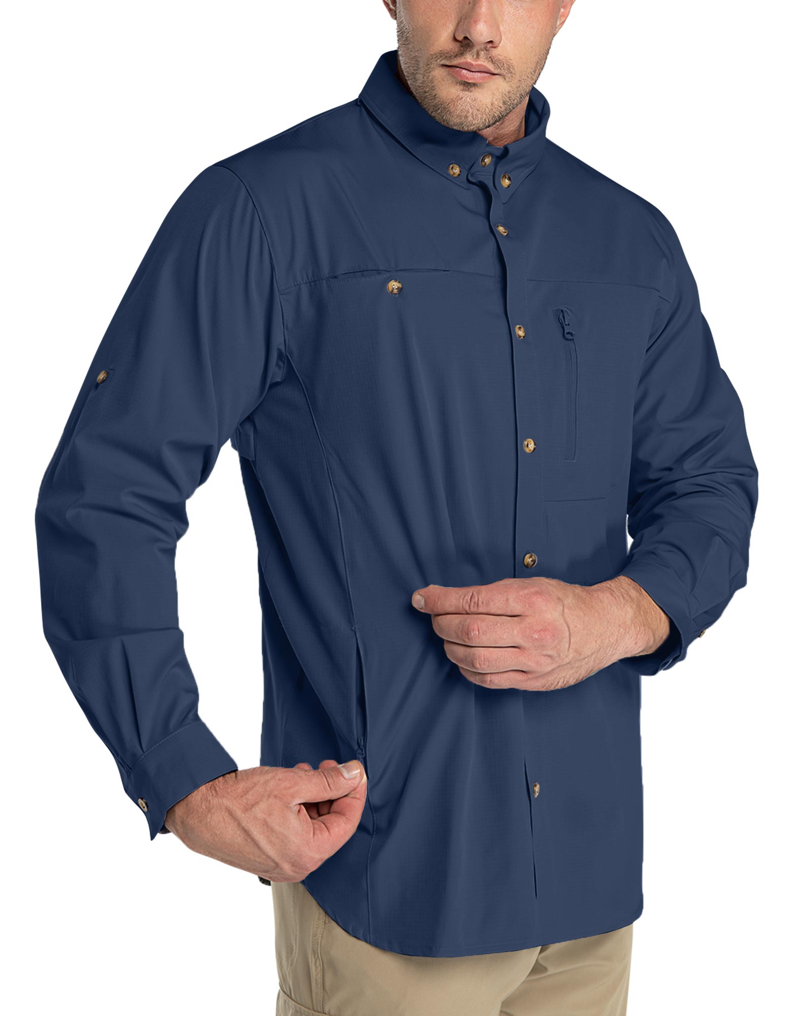 Men's 2 Zip Pockets UPF 50+ Breathable Mesh Lined Vents Adjustable Sleeve Shirt