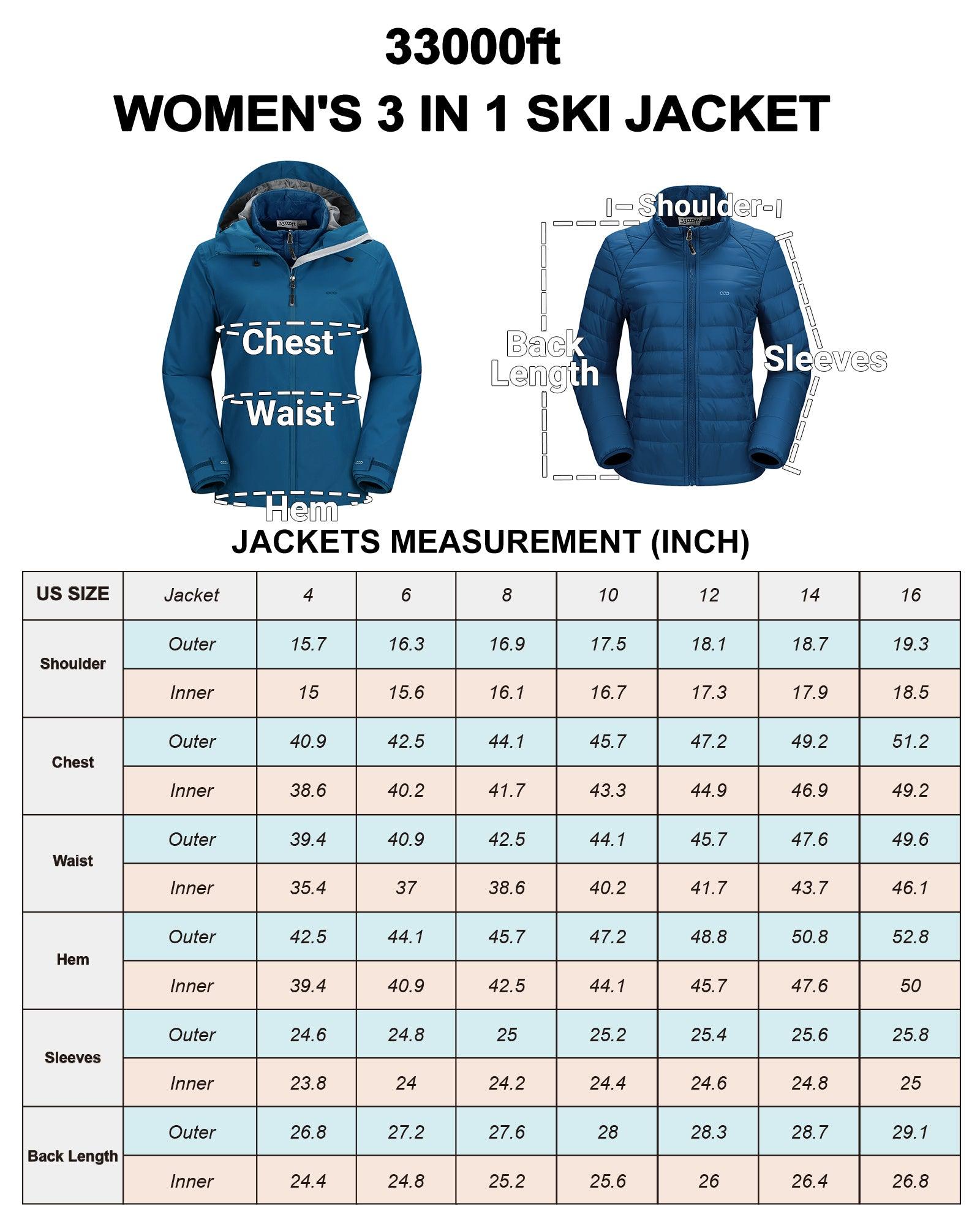 Women's Waterproof 3 in 1 ski Jacket Windproof Winter Snow Coat Ski Snowbaording Jackets Warm Raincoat 33,000ft