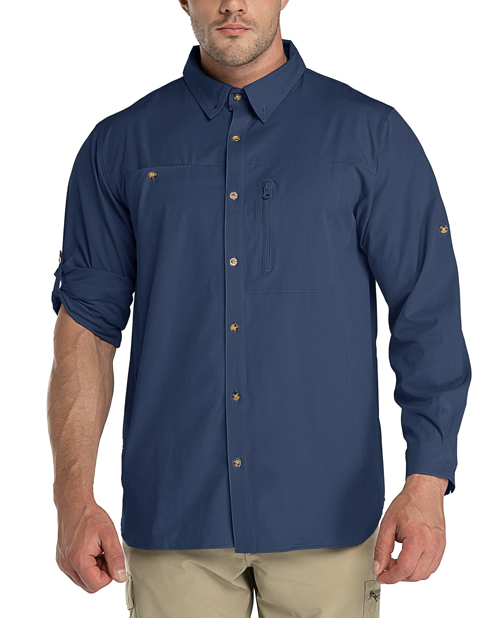 Men's 2 Zip Pockets UPF 50+ Breathable Mesh Lined Vents Adjustable Sleeve Shirt