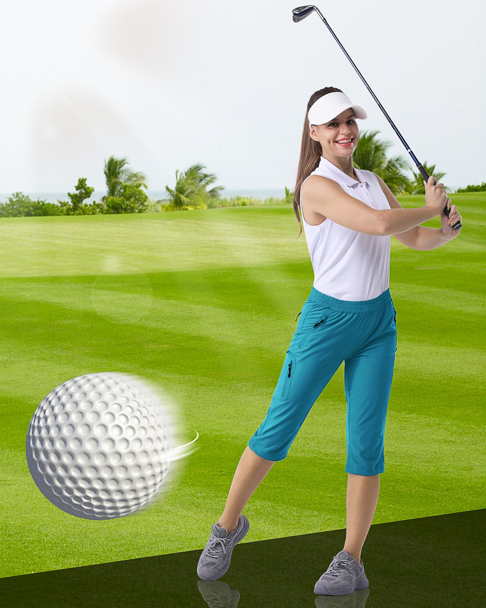 Women's UPF 50+ Elastic Waist 17" Capri Golf Pants with 4 Pockets