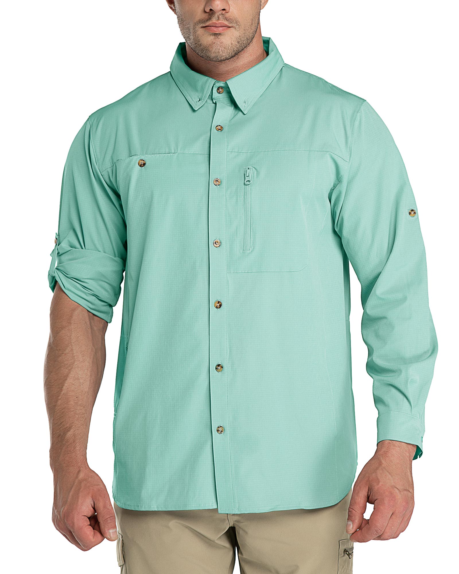 Men's 2 Zip Pockets UPF 50+ Breathable Mesh Lined Vents Adjustable Sleeve Shirt