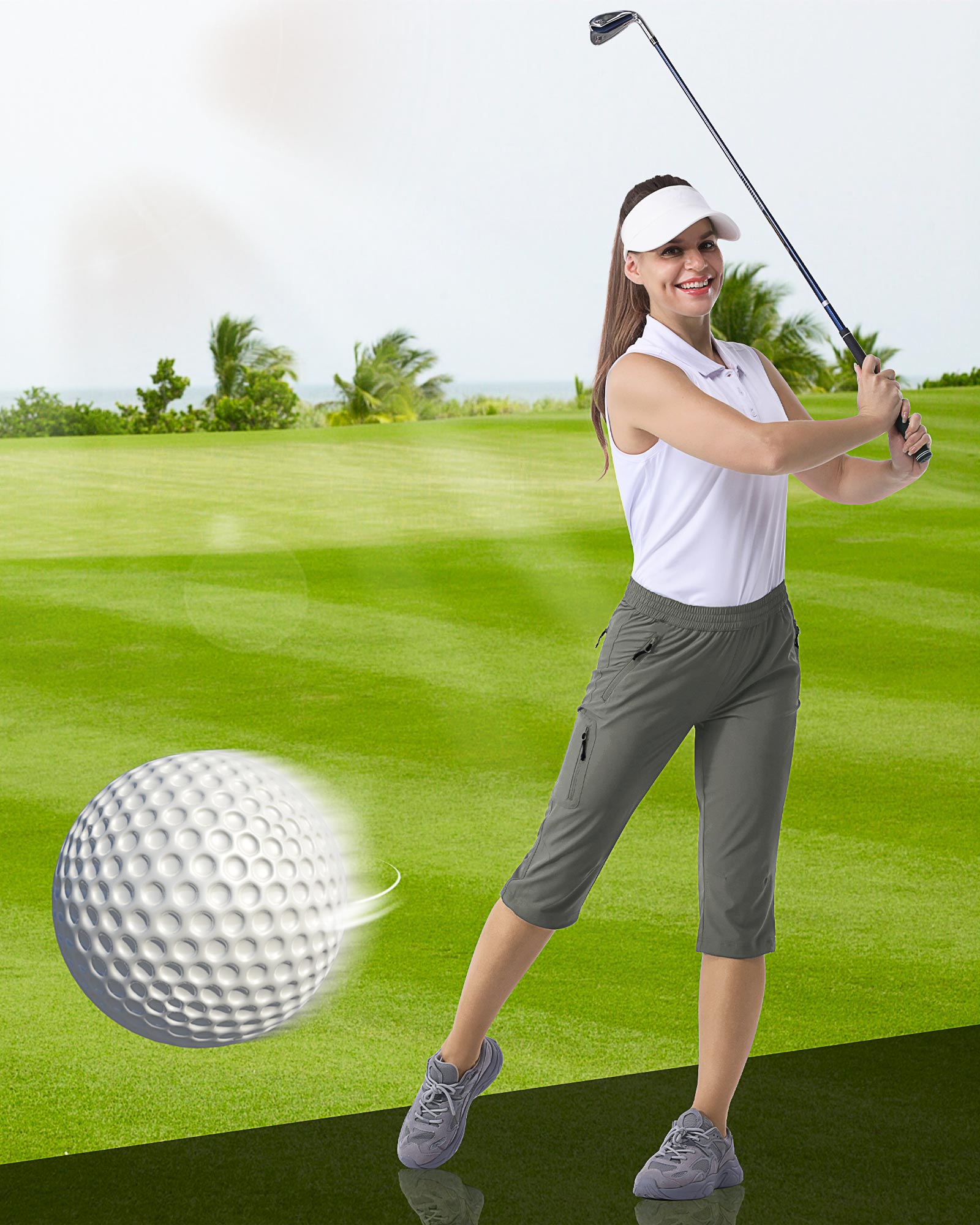 Women's UPF 50+ Elastic Waist 17" Capri Golf Pants with 4 Pockets
