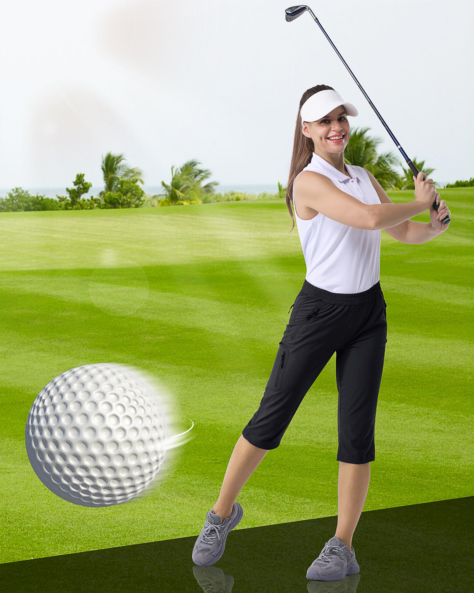 Women's UPF 50+ Elastic Waist 17" Capri Golf Pants with 4 Pockets
