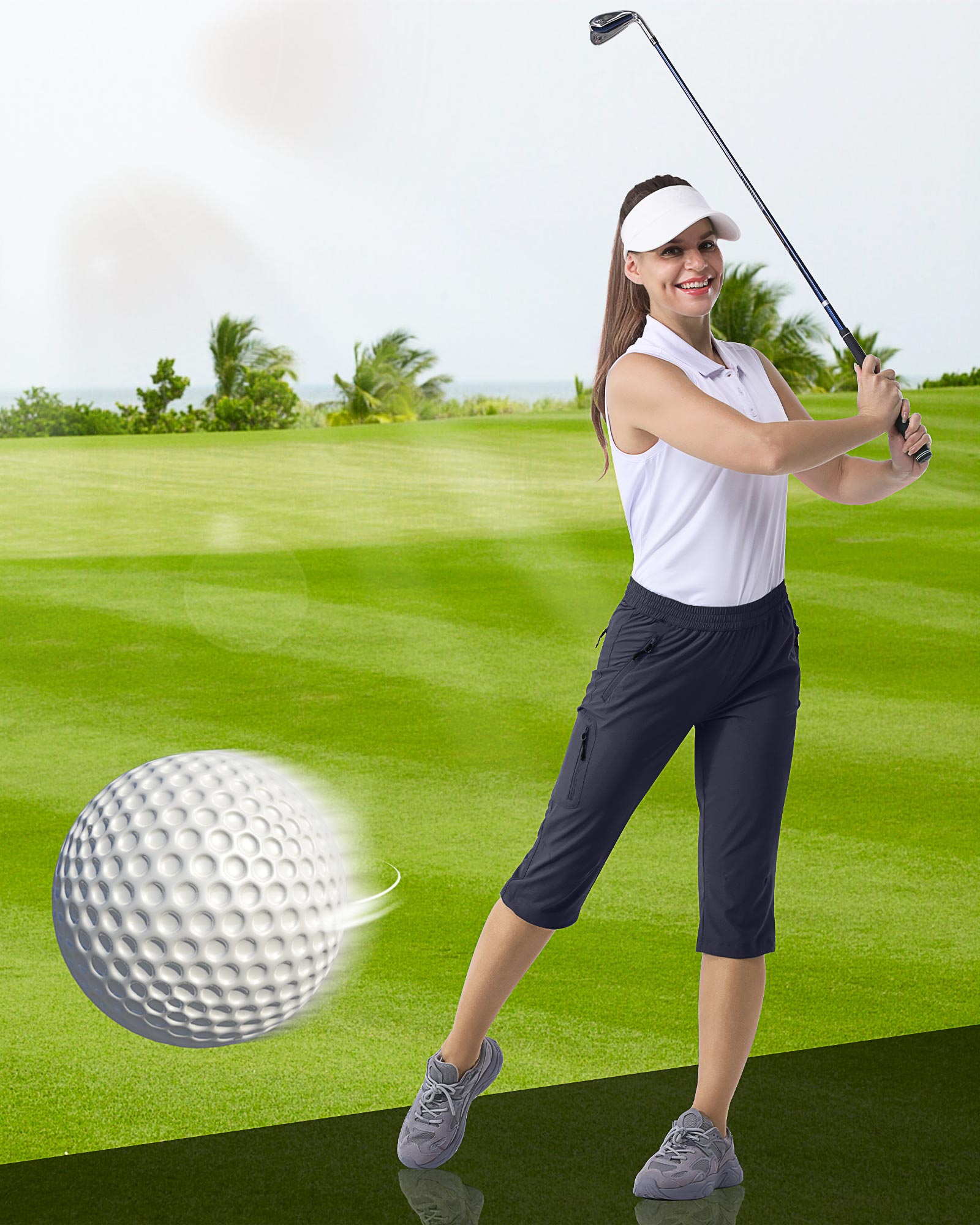 Women's UPF 50+ Elastic Waist 17" Capri Golf Pants with 4 Pockets