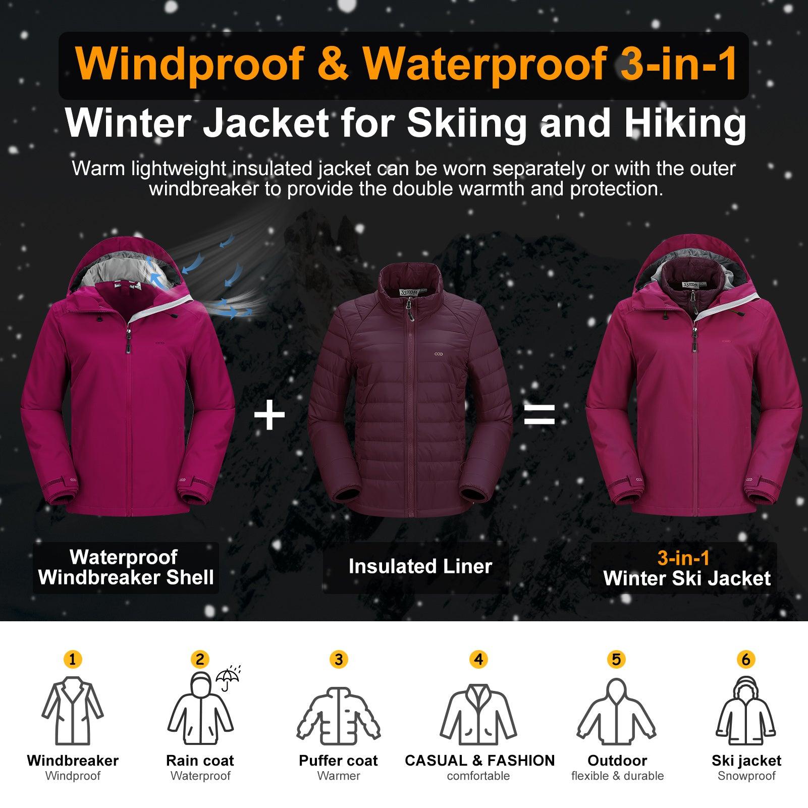 Women's Waterproof 3 in 1 ski Jacket Windproof Winter Snow Coat Ski Snowbaording Jackets Warm Raincoat 33,000ft