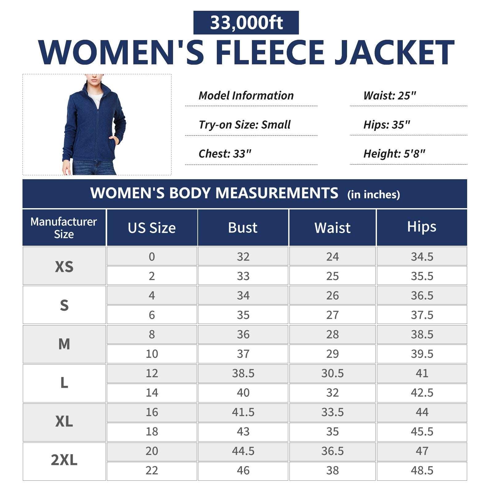 Women's Zip Up Fleece Jacket, Long Sleeve Warm Soft Polar Lightweight Coat with Pockets for Winter 33,000ft