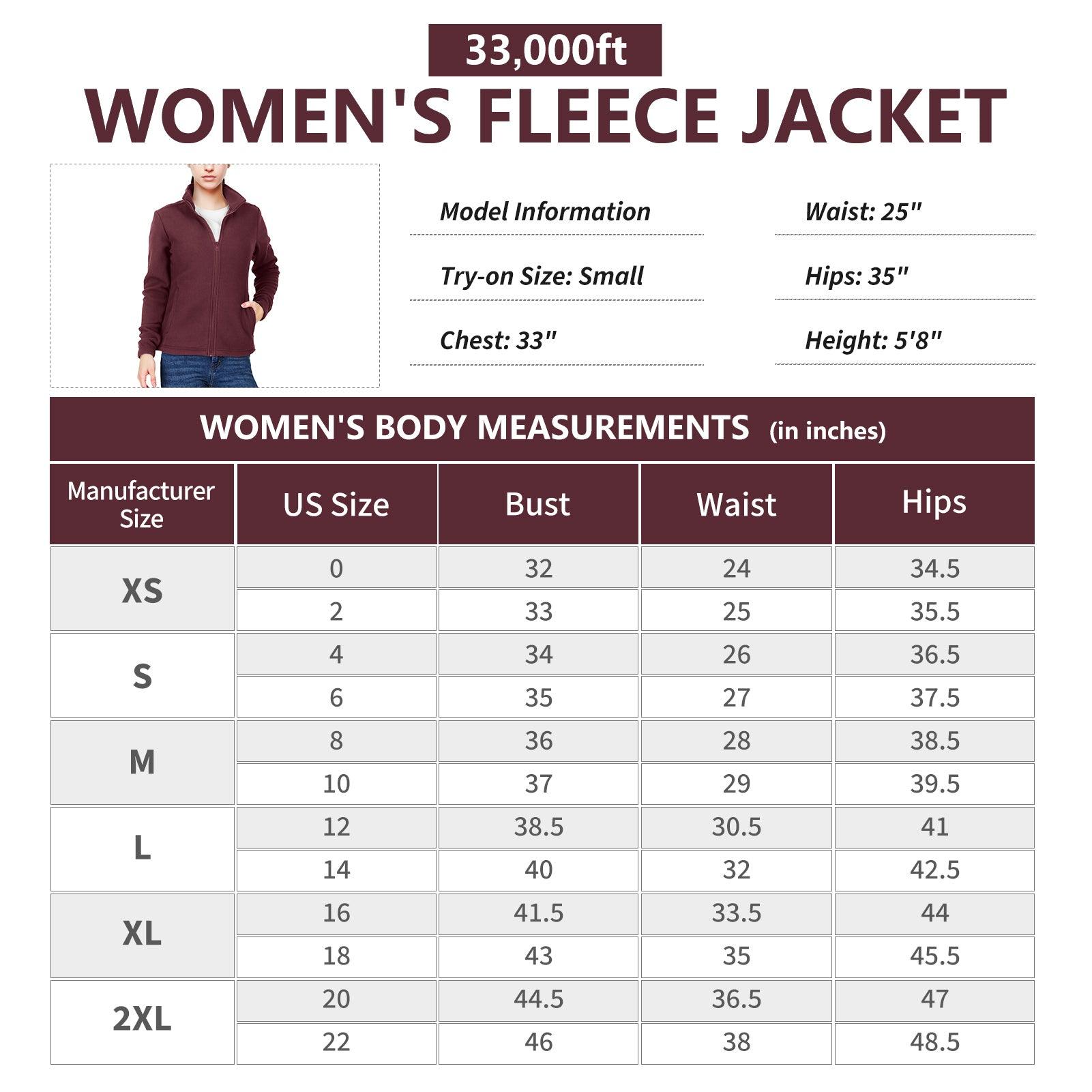 Women's Zip Up Fleece Jacket, Long Sleeve Warm Soft Polar Lightweight Coat with Pockets for Winter 33,000ft