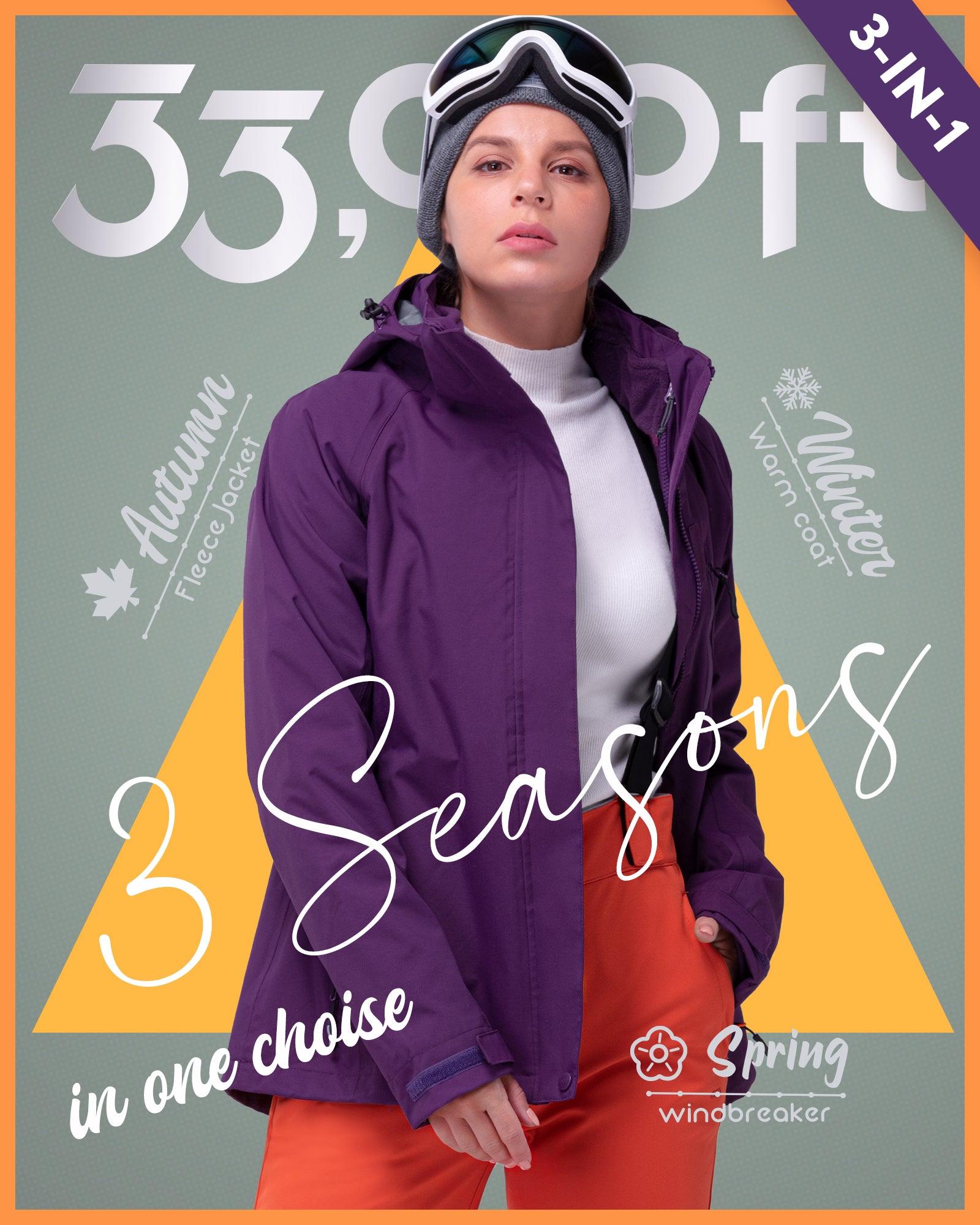 Women's Waterproof 3-IN-1 Ski Jacket, Warm Fleece Insulated Winter Snow Coat Windproof Rain Jackets Parka Hooded for Traveling Climbing Hiking 33,000ft