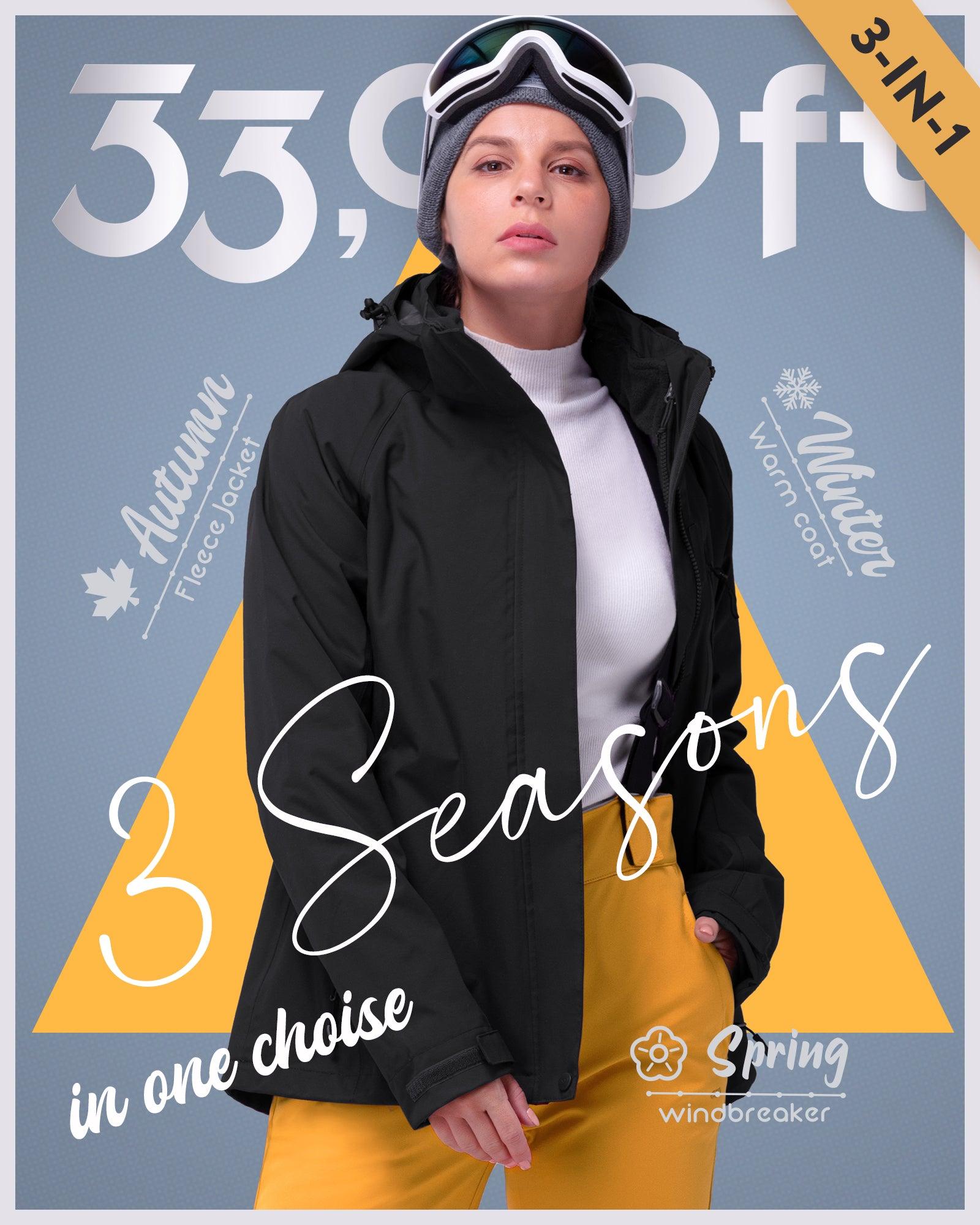 Women's Waterproof 3-IN-1 Ski Jacket, Warm Fleece Insulated Winter Snow Coat Windproof Rain Jackets Parka Hooded for Traveling Climbing Hiking 33,000ft