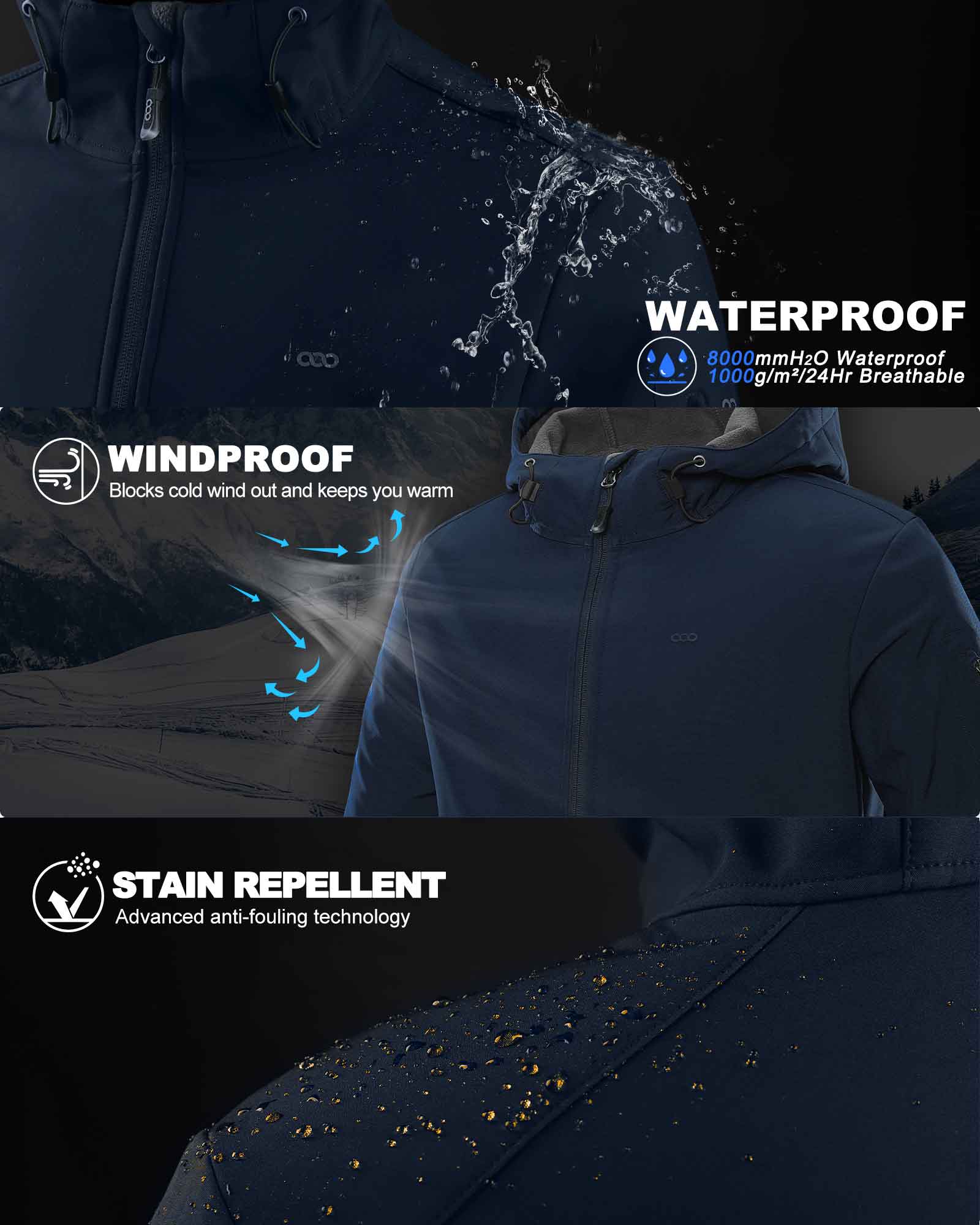 Men's Softshell Jacket Fleece Lined, Water Resistant Winter Warm Shell Jacket Coat Lightweight Outdoor Hiking