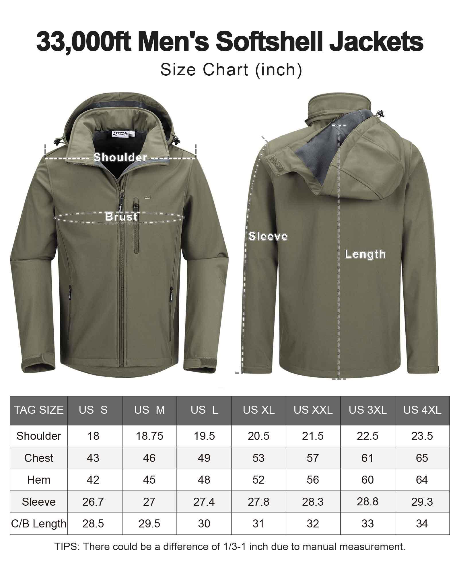 Men's Softshell Jacket with Hood Fleece Lined Windbreaker Lightweight Waterproof Jackets for Hiking - 33,000ft
