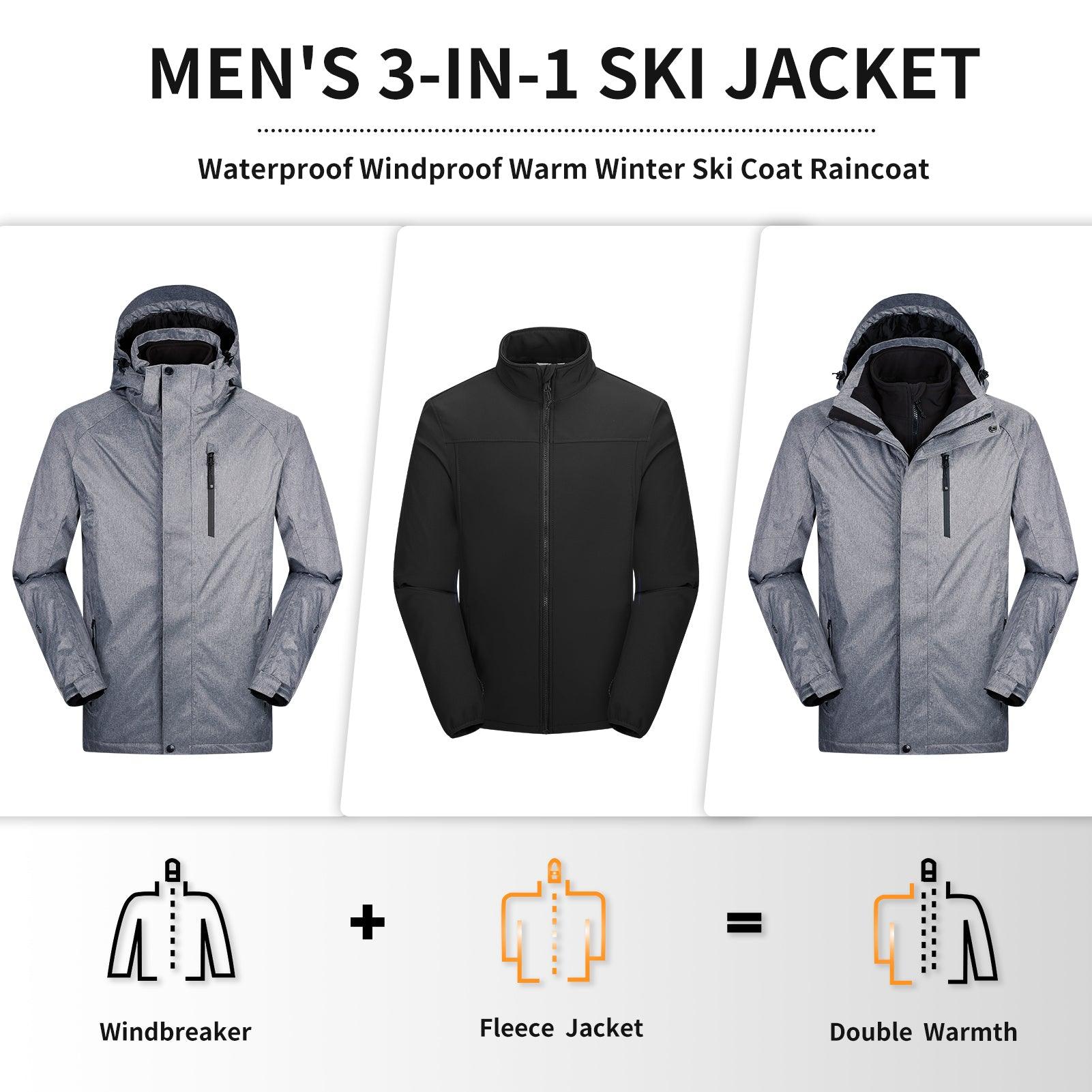 10000 mmH2O Index/5000 Level Breathable Men's 3-in-1 Ski Winter Jacket with Fleece Lined Softshell and 10 zipper pockets 33,000ft