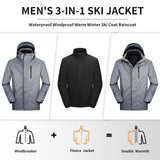 10000 mmH2O Index/5000 Level Breathable Men's 3-in-1 Ski Winter Jacket with Fleece Lined Softshell and 10 zipper pockets 33,000ft