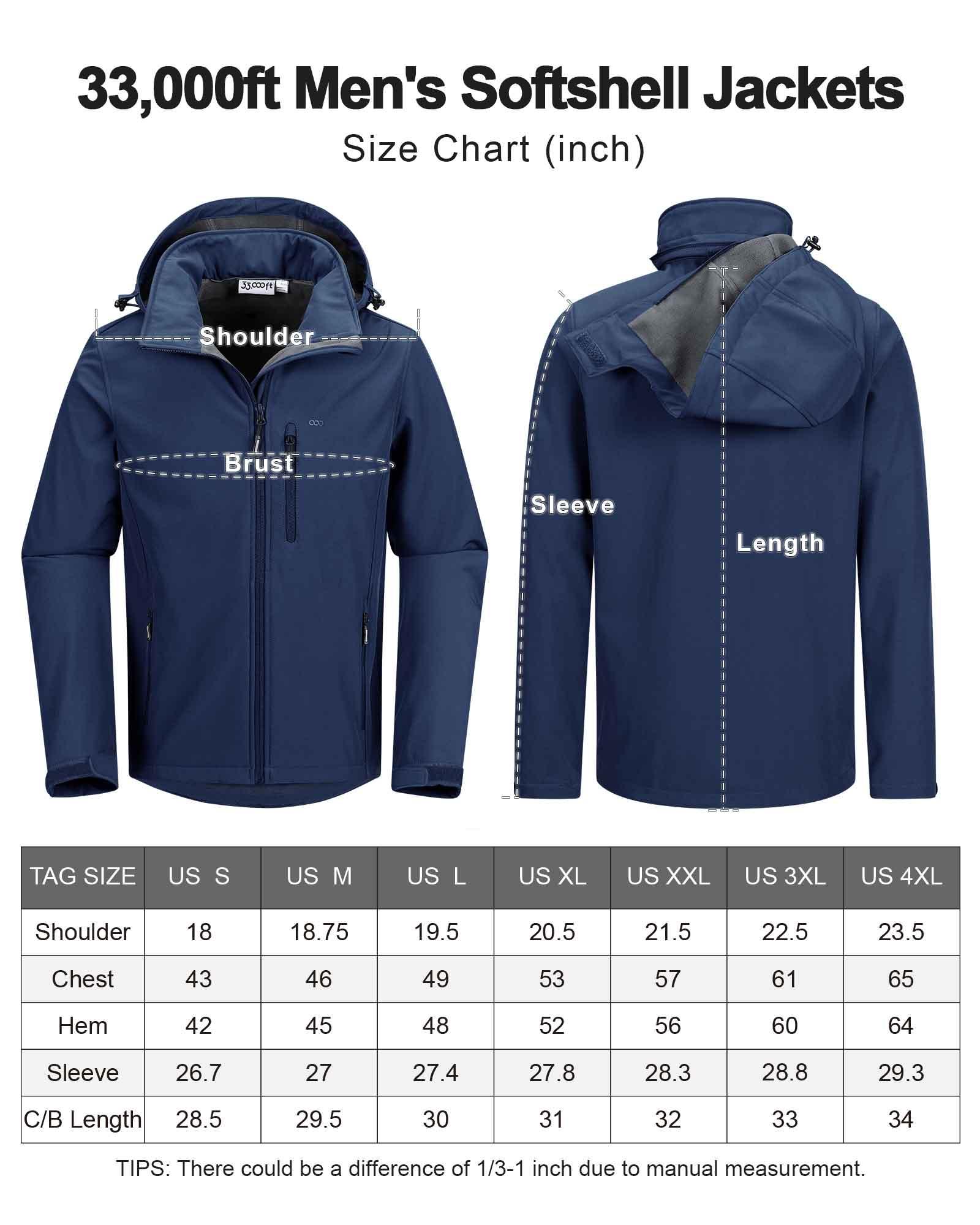 Men's Softshell Jacket with Hood Fleece Lined Windbreaker Lightweight Waterproof Jackets for Hiking - 33,000ft