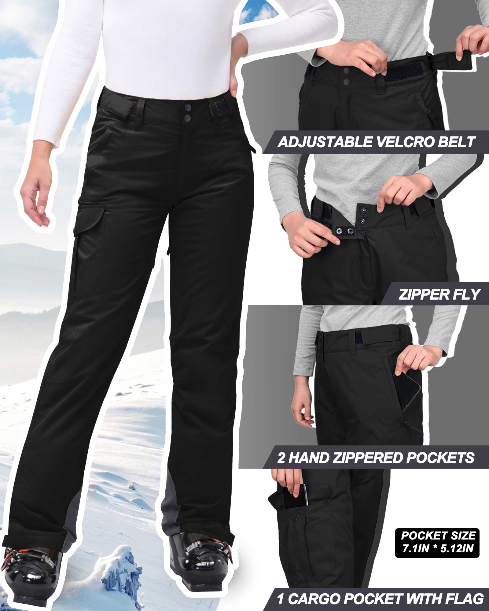 Women's Insulated Snow Pants, Waterproof Snowboard Ski Pants with Boot Gaiters Black