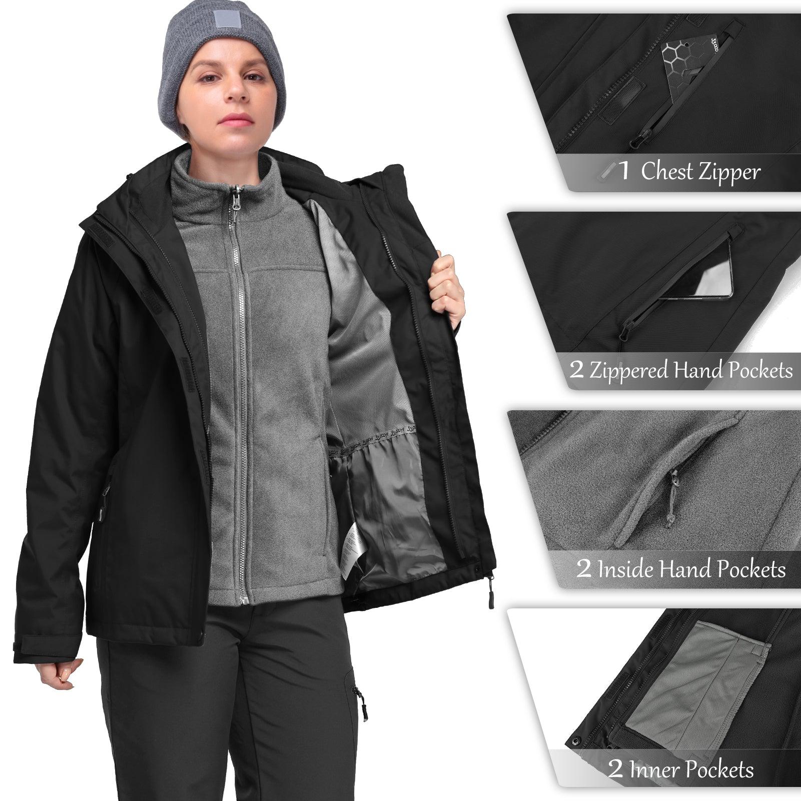 Women's Waterproof 3-IN-1 Ski Jacket, Warm Fleece Insulated Winter Snow Coat Windproof Rain Jackets Parka Hooded for Traveling Climbing Hiking 33,000ft