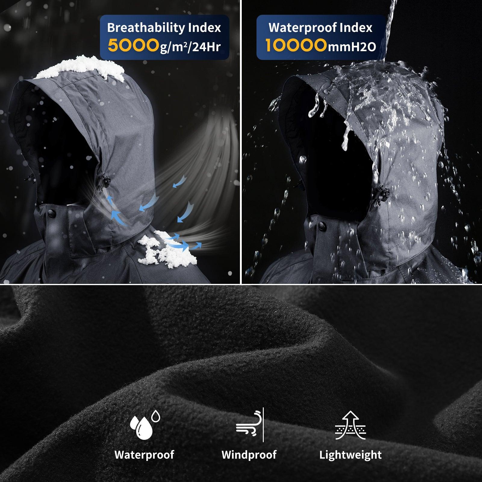 10000 mmH2O Index/5000 Level Breathable Men's 3-in-1 Ski Winter Jacket with Fleece Lined Softshell and 10 zipper pockets 33,000ft