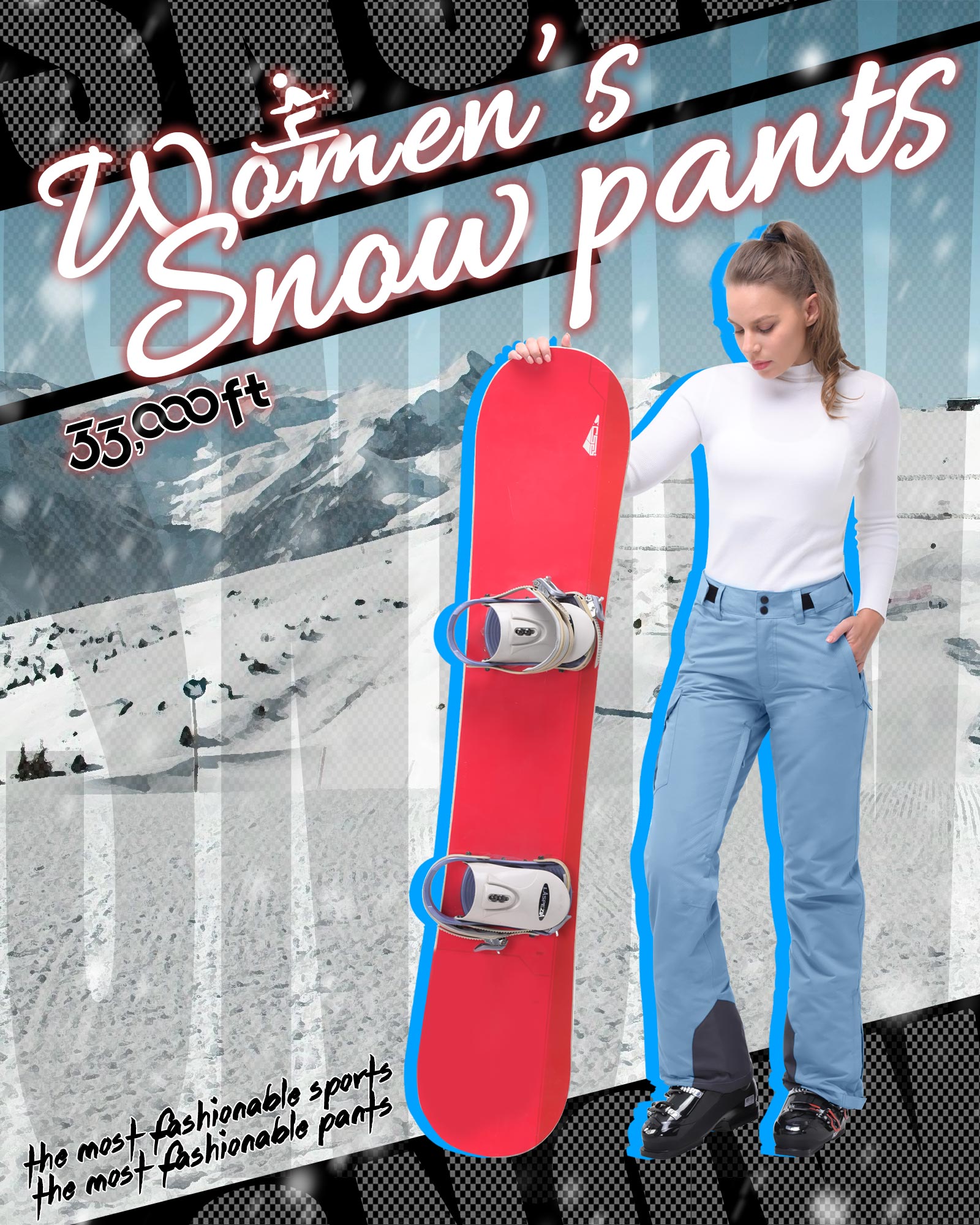 33,000ft Women's Insulated Snow Pants, Waterproof Snowboard Ski Pants with Boot Gaiters Black