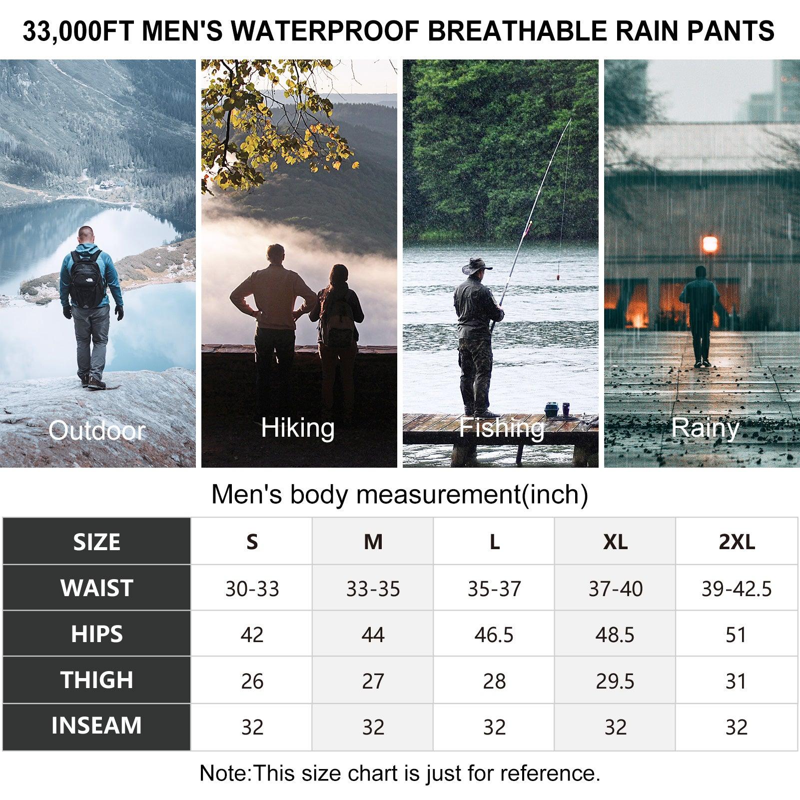 1.10 lbs/10000 mmH2O Index/10000 Level Breathable  Men's Rain Pants with 4 Multi Pockets and Adjustable Design 33,000ft