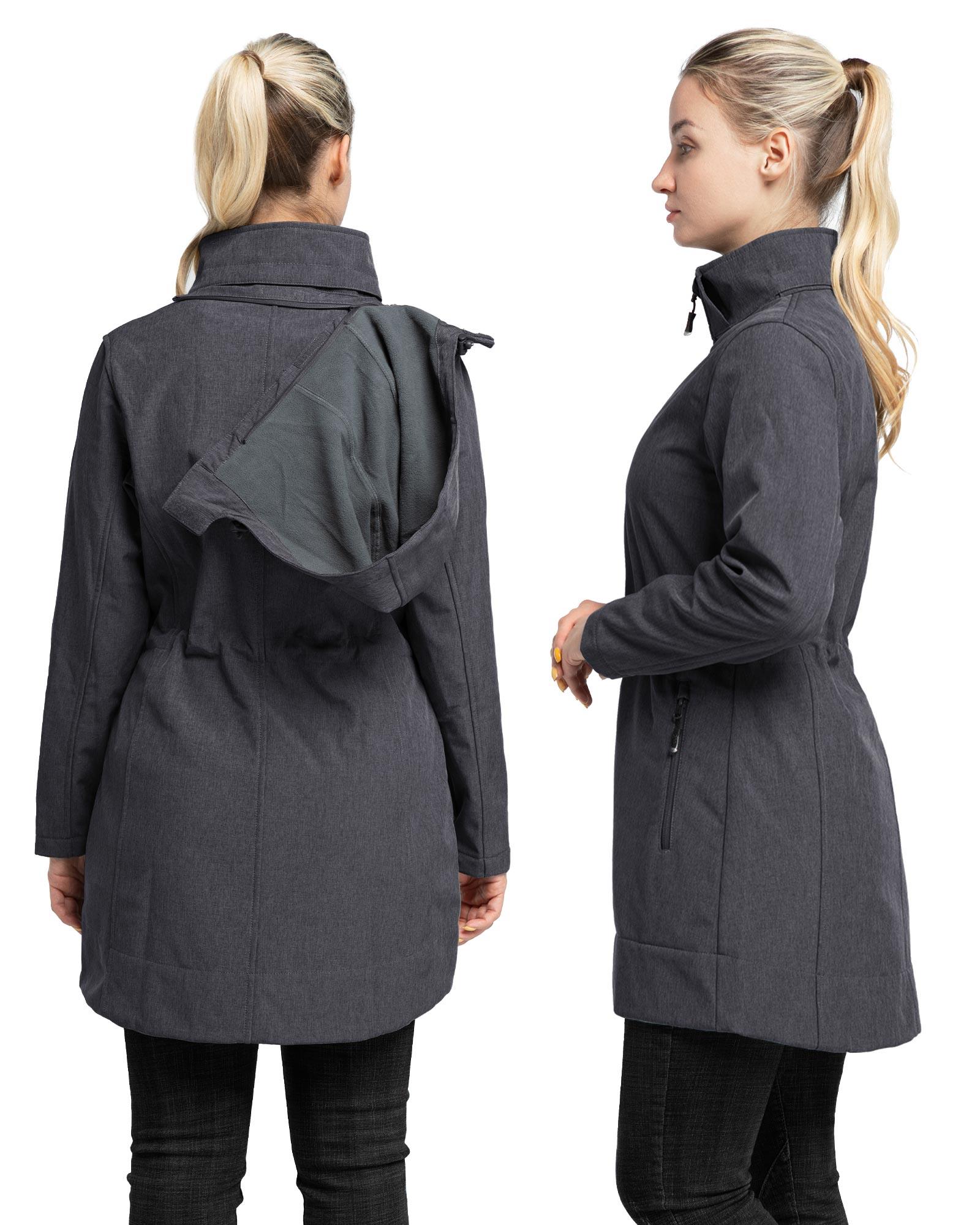 Women's Softshell Long Jacket with Detachable Hood Fleece Lined: 8000mm W/P index 1000 Level Breathable - 33,000ft