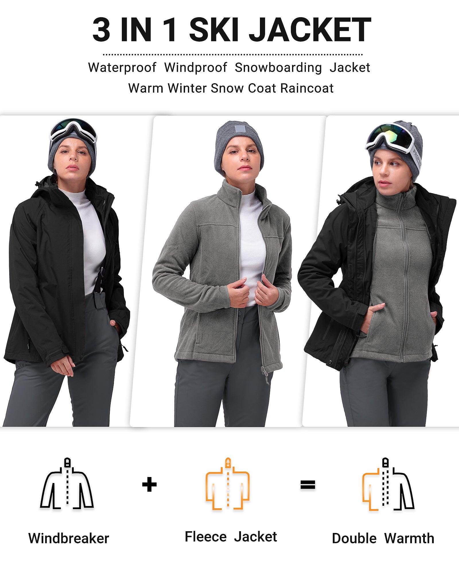 Women's Waterproof 3-IN-1 Ski Jacket, Warm Fleece Insulated Winter Snow Coat Windproof Rain Jackets Parka Hooded for Traveling Climbing Hiking 33,000ft