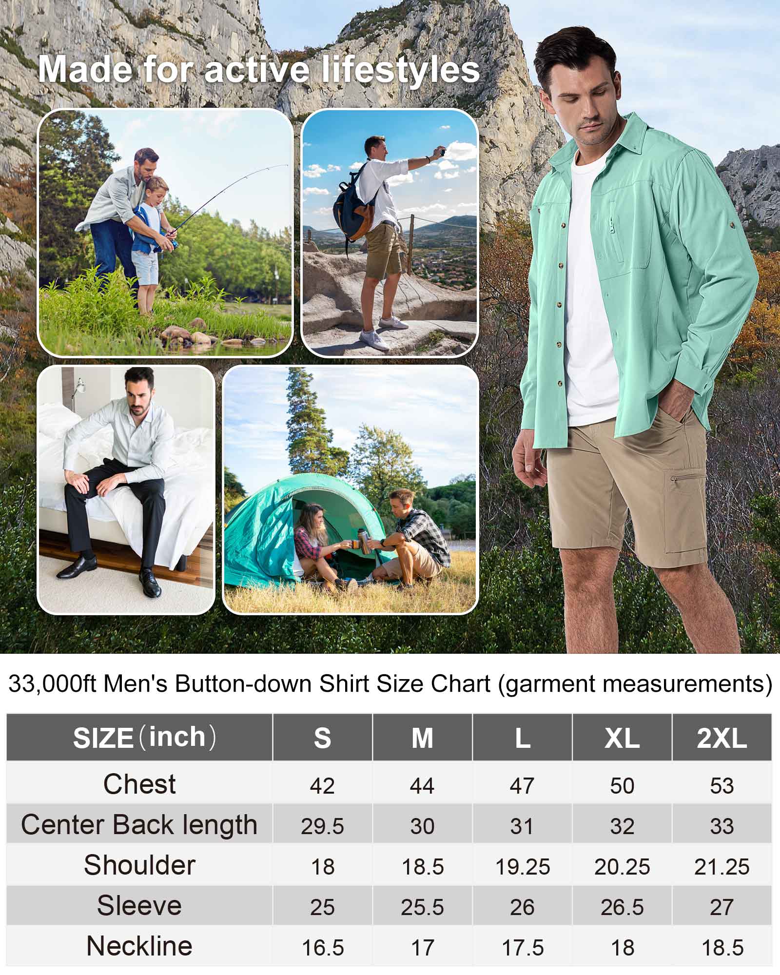 Men's 2 Zip Pockets UPF 50+ Breathable Mesh Lined Vents Adjustable Sleeve Shirt