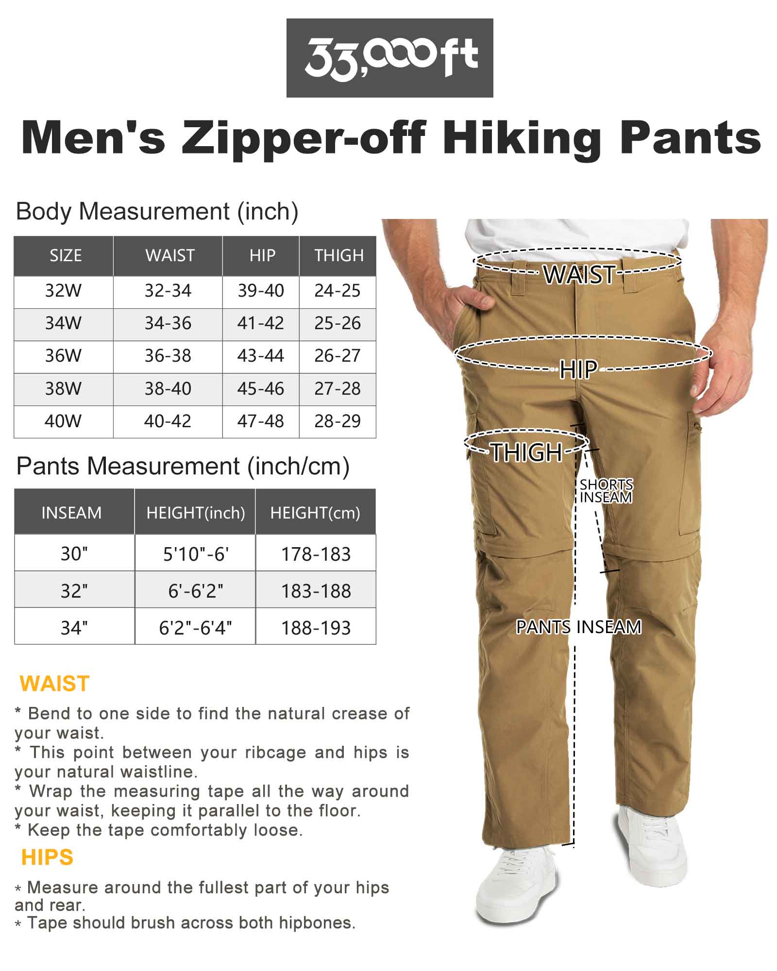 Men's UPF 40+ Convertible Zip Off Hiking Pants with 6 Pockets