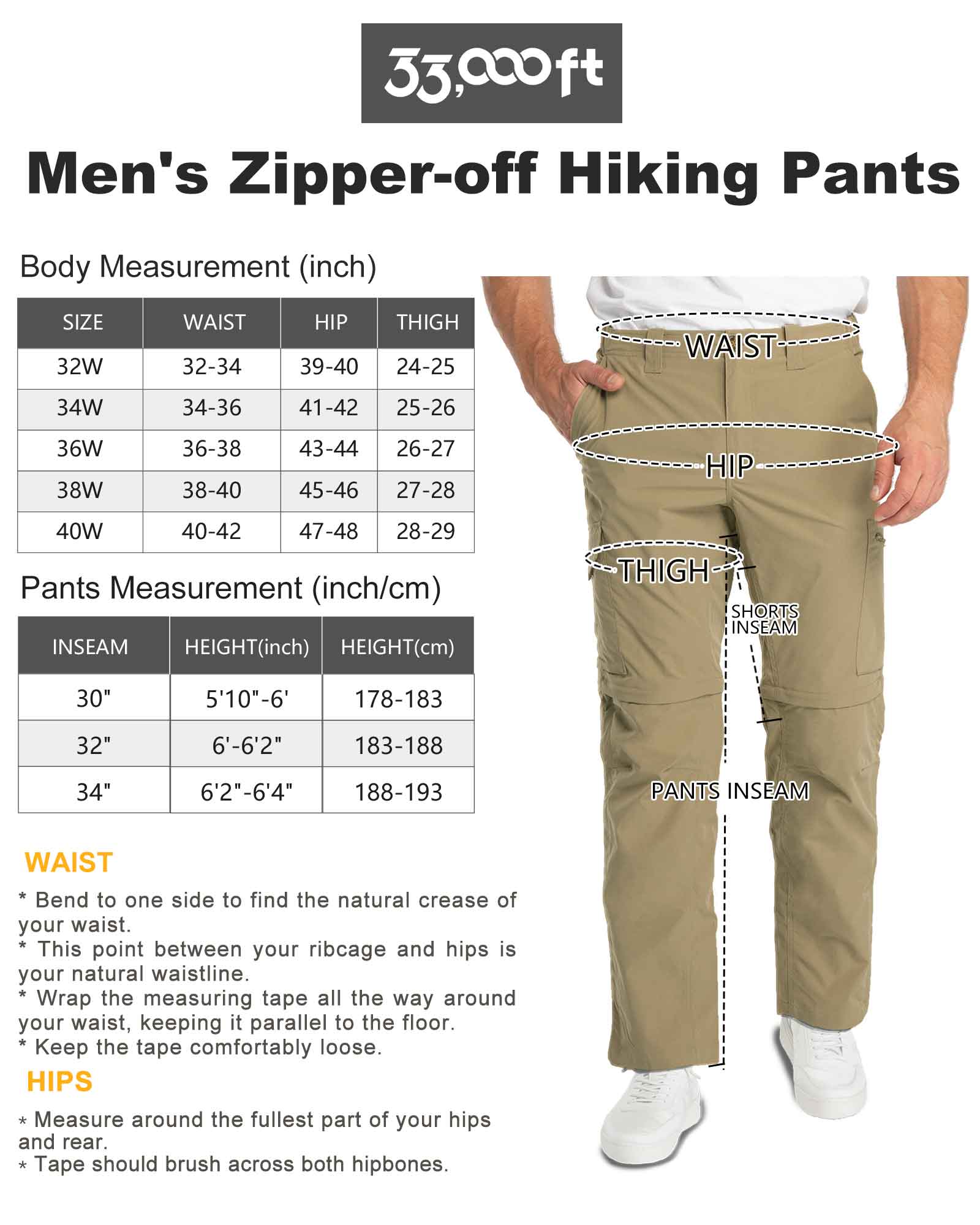 Men's UPF 40+ Convertible Zip Off Hiking Pants with 6 Pockets
