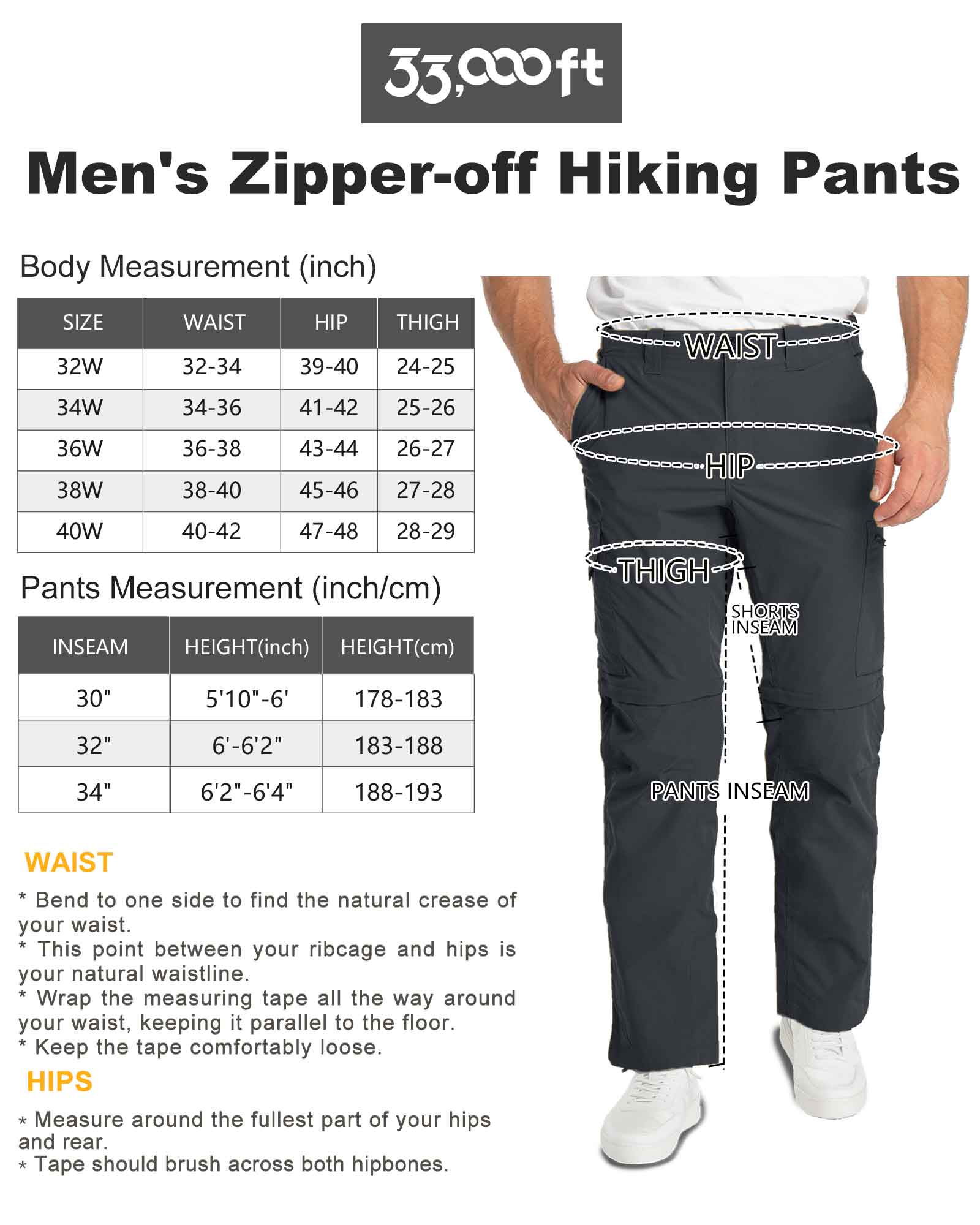 Men's UPF 40+ Convertible Zip Off Hiking Pants with 6 Pockets