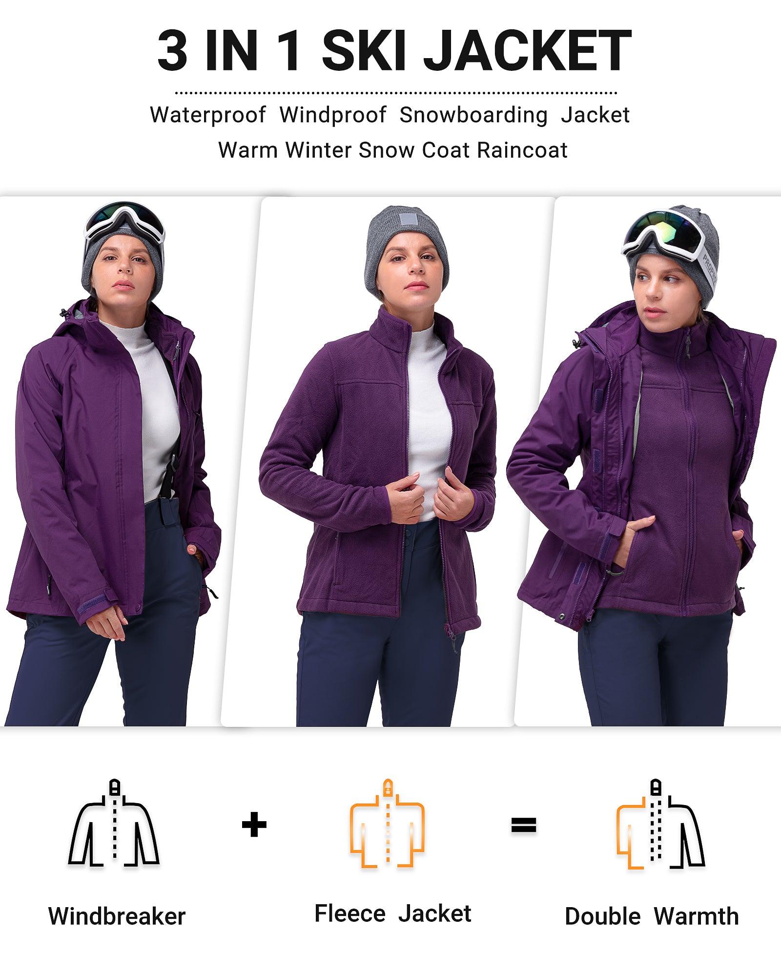 Women's Waterproof 3-IN-1 Ski Jacket, Warm Fleece Insulated Winter Snow Coat Windproof Rain Jackets Parka Hooded for Traveling Climbing Hiking 33,000ft
