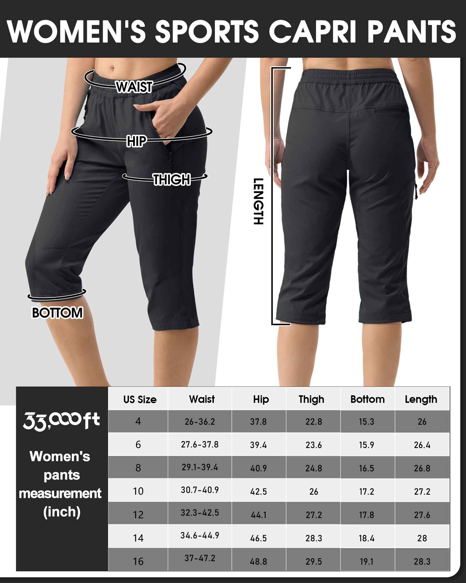 Women's UPF 50+ Elastic Waist 17" Capri Golf Pants with 4 Pockets
