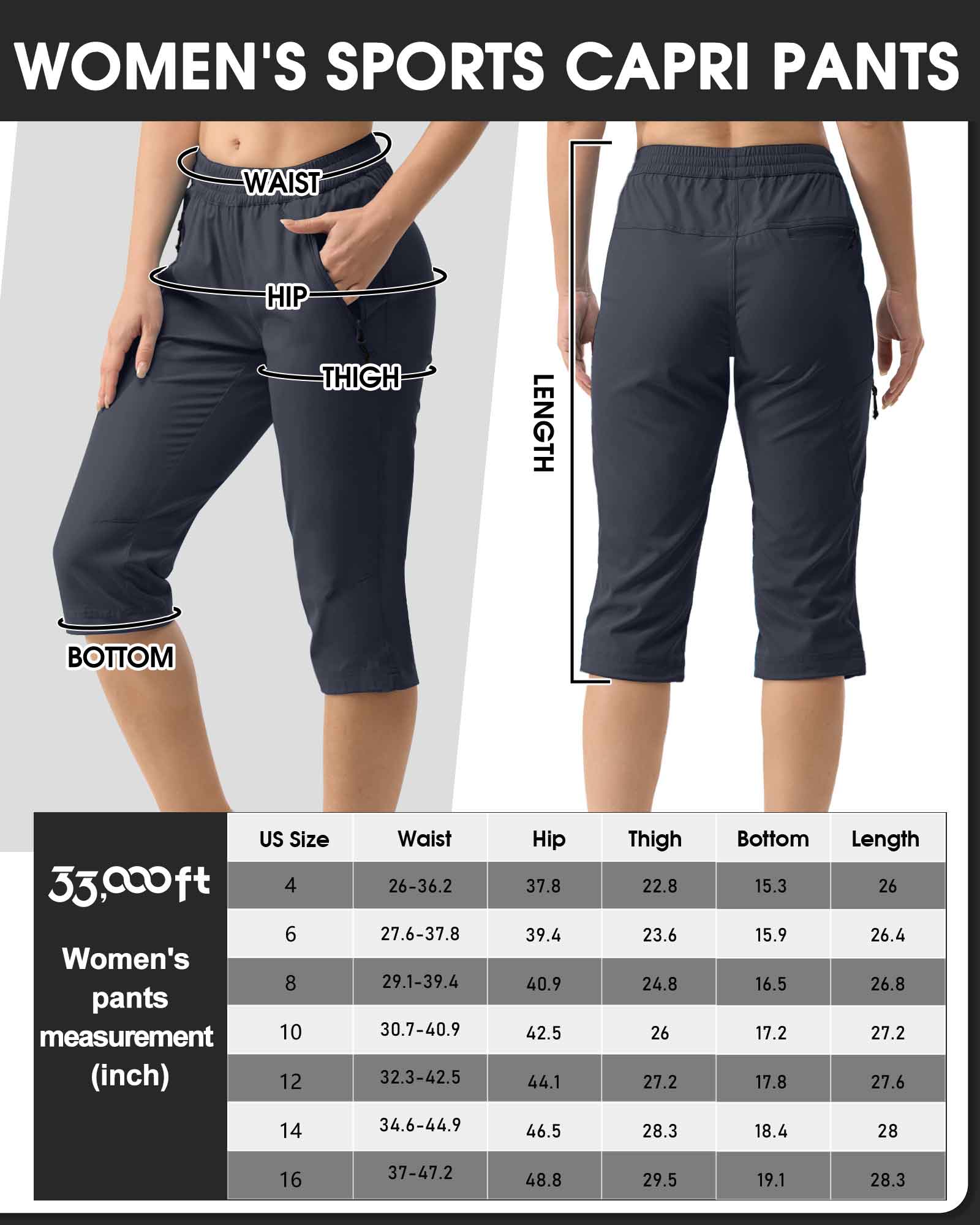 Women's UPF 50+ Elastic Waist 17" Capri Golf Pants with 4 Pockets