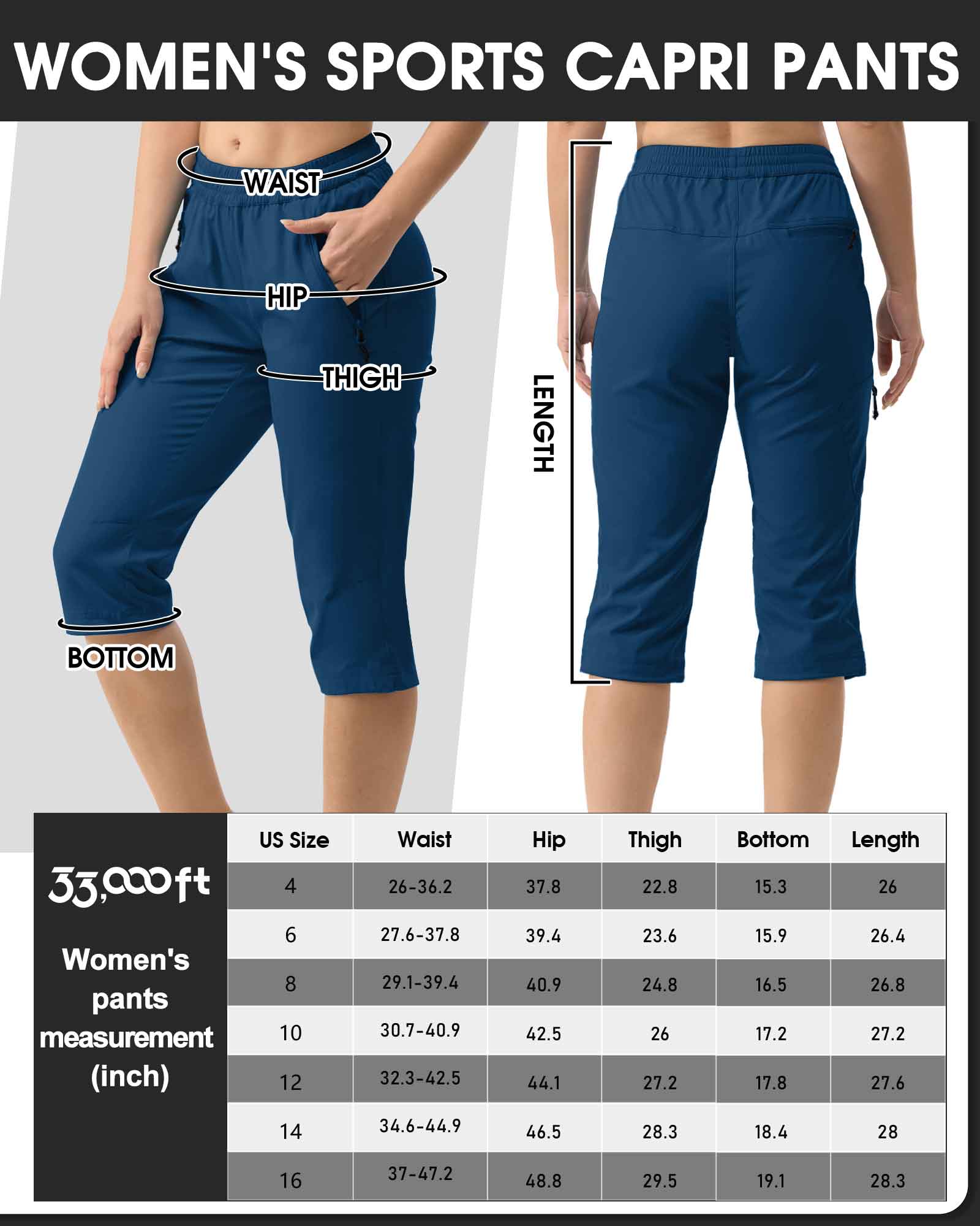 Women's UPF 50+ Elastic Waist 17" Capri Golf Pants with 4 Pockets
