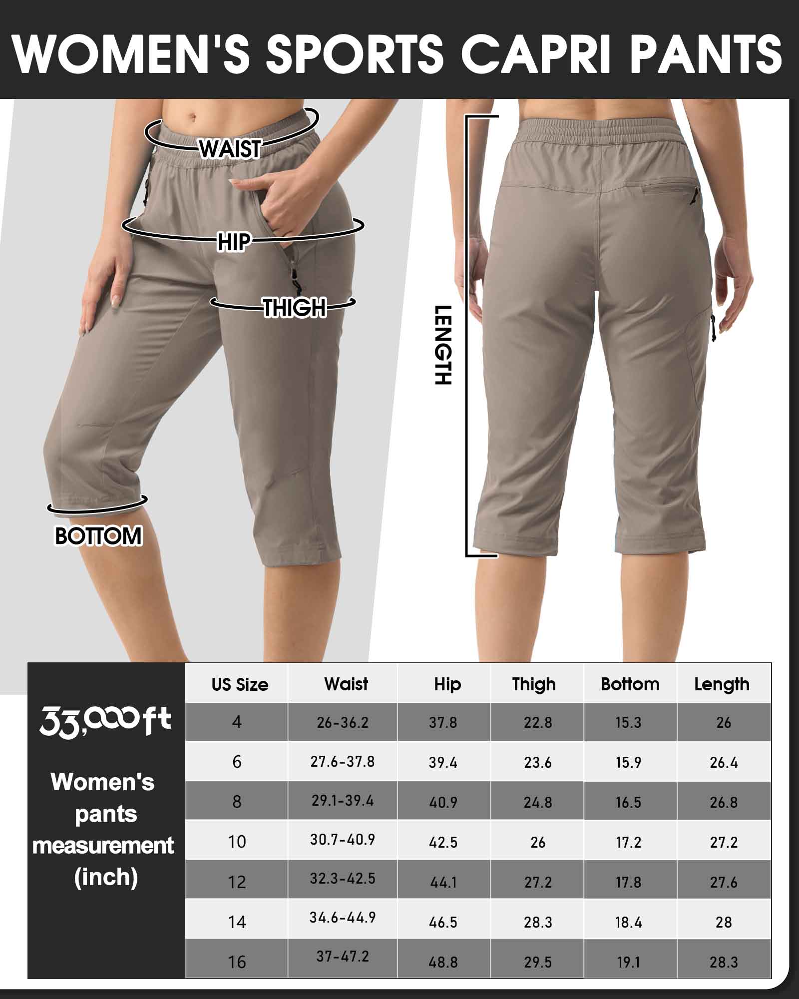 Women's UPF 50+ Elastic Waist 17" Capri Golf Pants with 4 Pockets