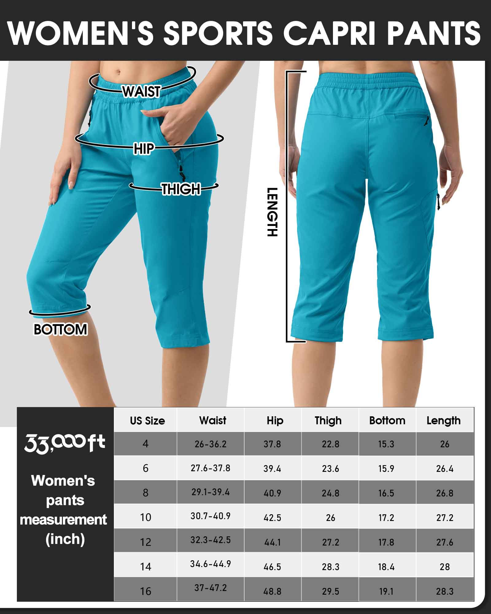 Women's UPF 50+ Elastic Waist 17" Capri Golf Pants with 4 Pockets