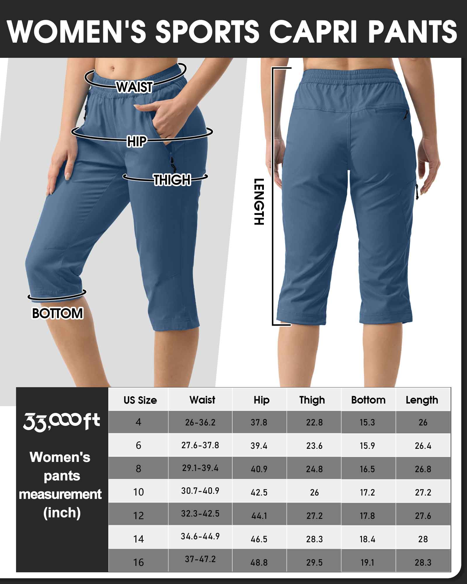 Women's UPF 50+ Elastic Waist 17" Capri Golf Pants with 4 Pockets
